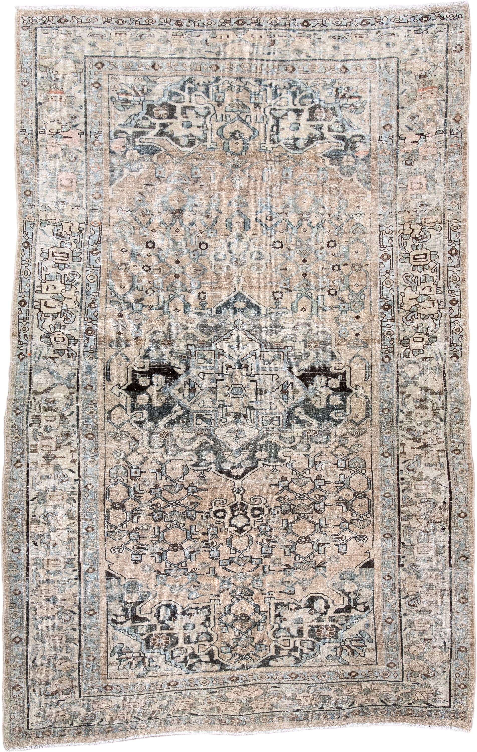 4' x 6' one-of-a-kind handmade antique Bidjar small size rug. Color palette: ivory, taupe, light blue, charcoal, beige
