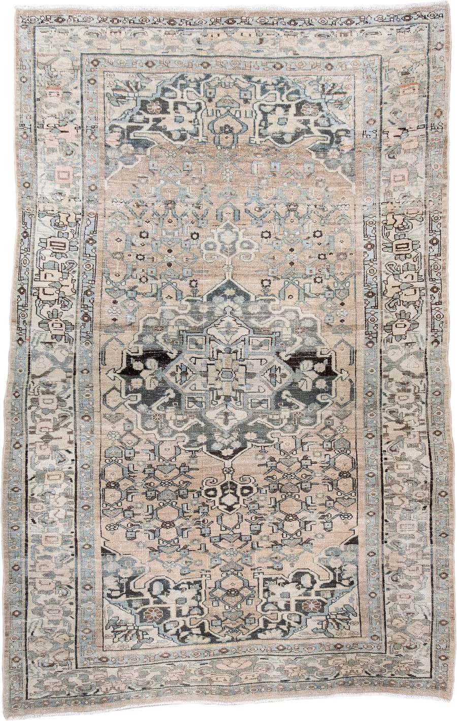4' x 6' one-of-a-kind handmade antique Bidjar small size rug. Color palette: ivory, taupe, light blue, charcoal, beige