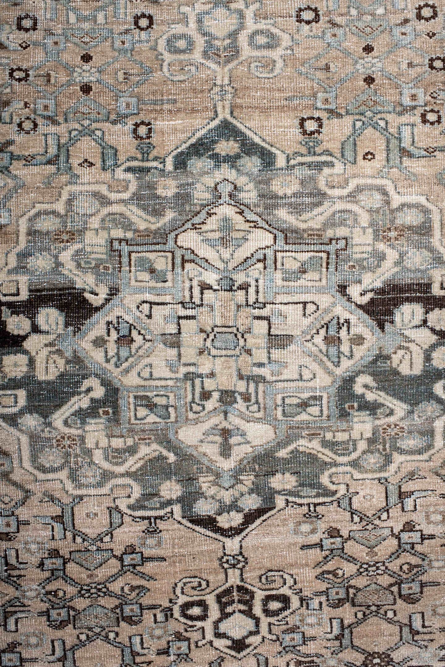 4' x 6' one-of-a-kind handmade antique Bidjar small size rug. Color palette: ivory, taupe, light blue, charcoal, beige