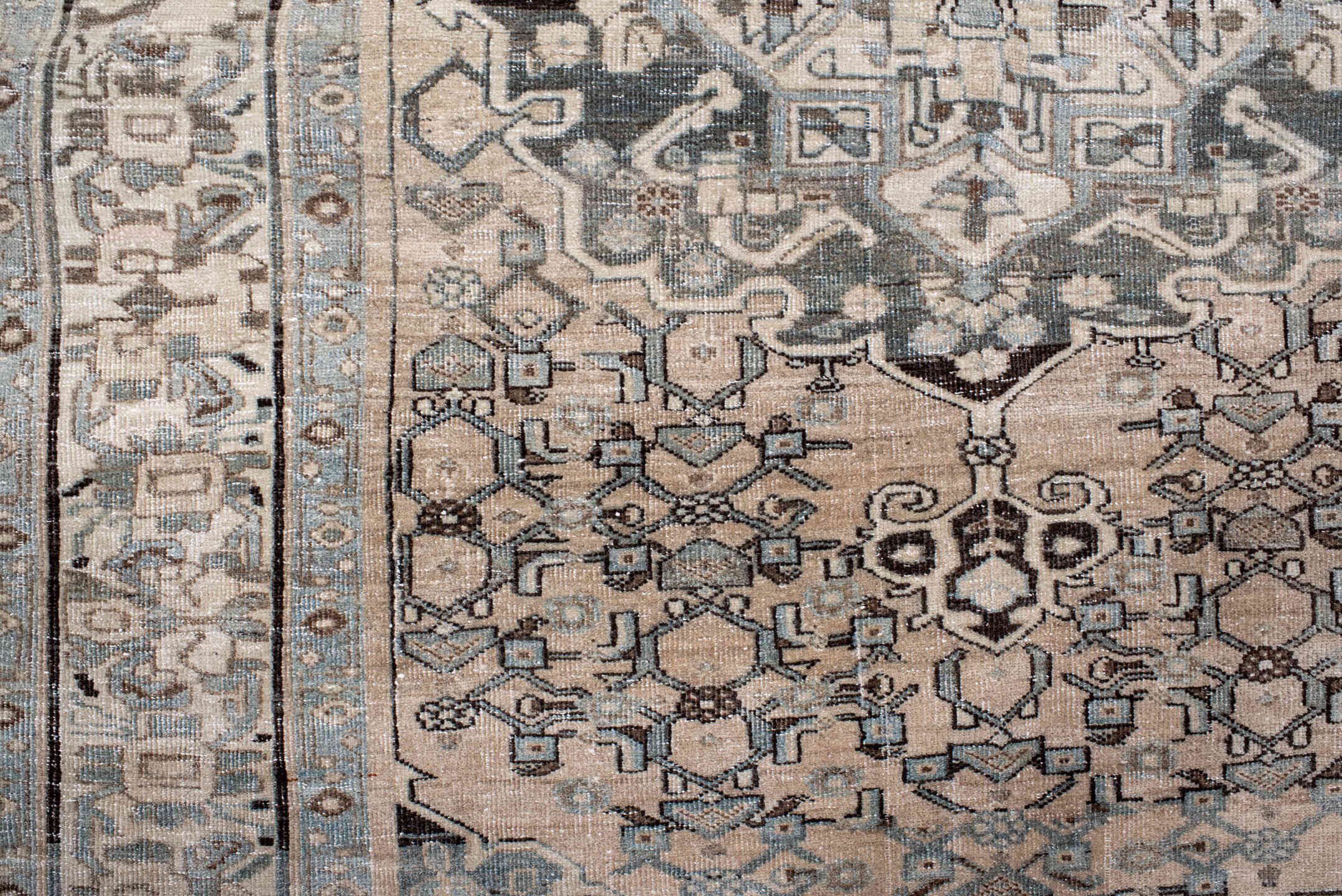 4' x 6' one-of-a-kind handmade antique Bidjar small size rug. Color palette: ivory, taupe, light blue, charcoal, beige