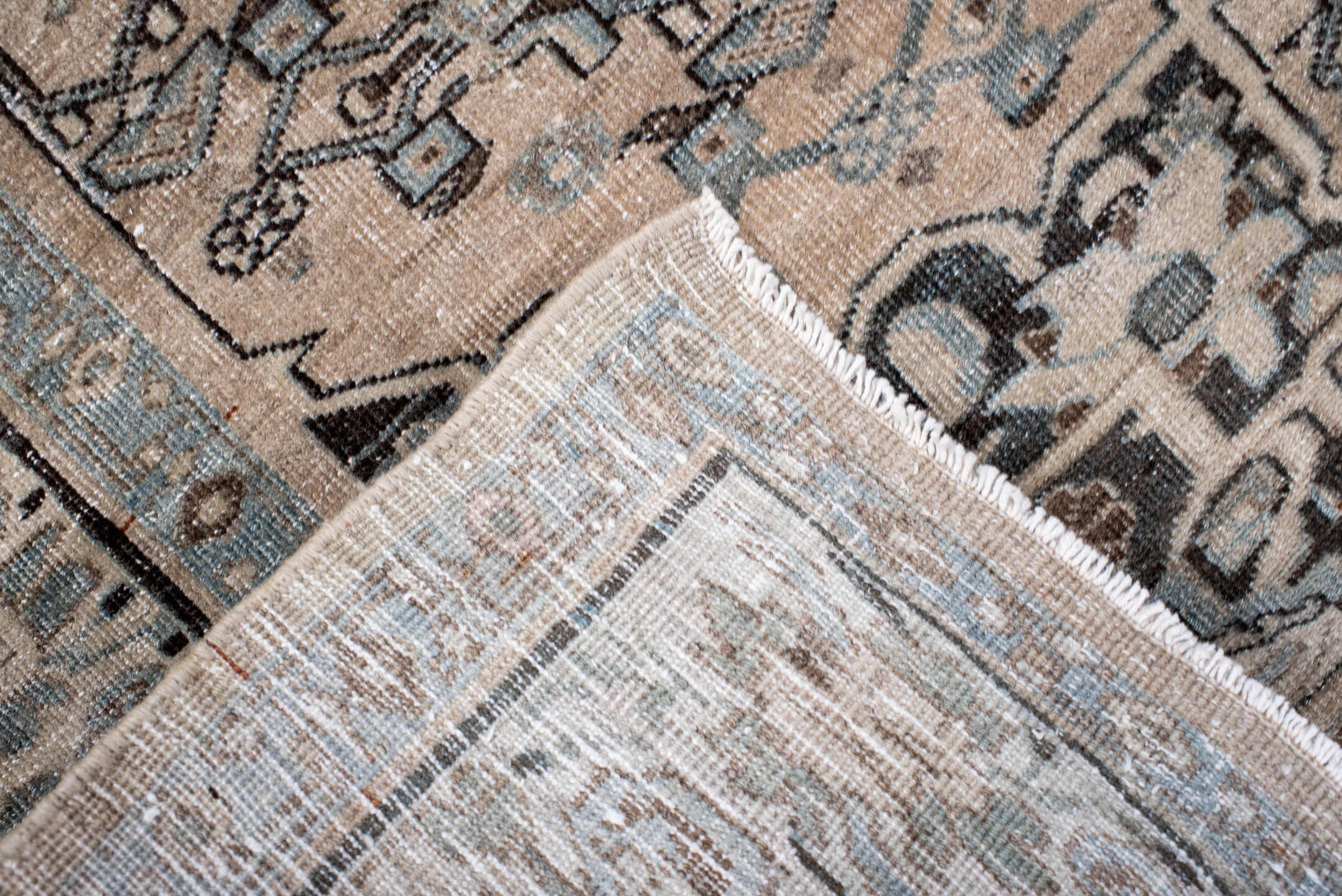 4' x 6' one-of-a-kind handmade antique Bidjar small size rug. Color palette: ivory, taupe, light blue, charcoal, beige