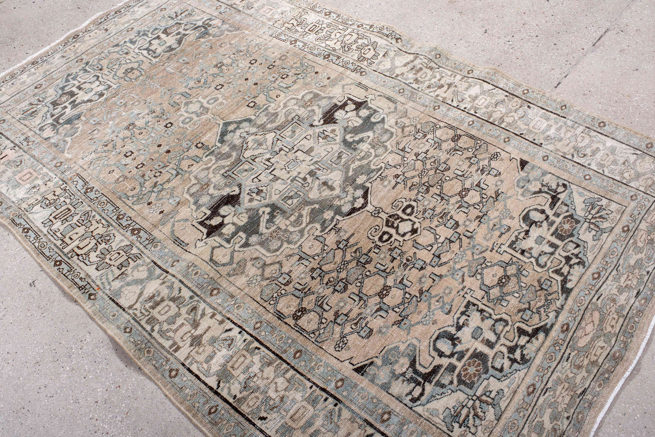 4' x 6' one-of-a-kind handmade antique Bidjar small size rug. Color palette: ivory, taupe, light blue, charcoal, beige