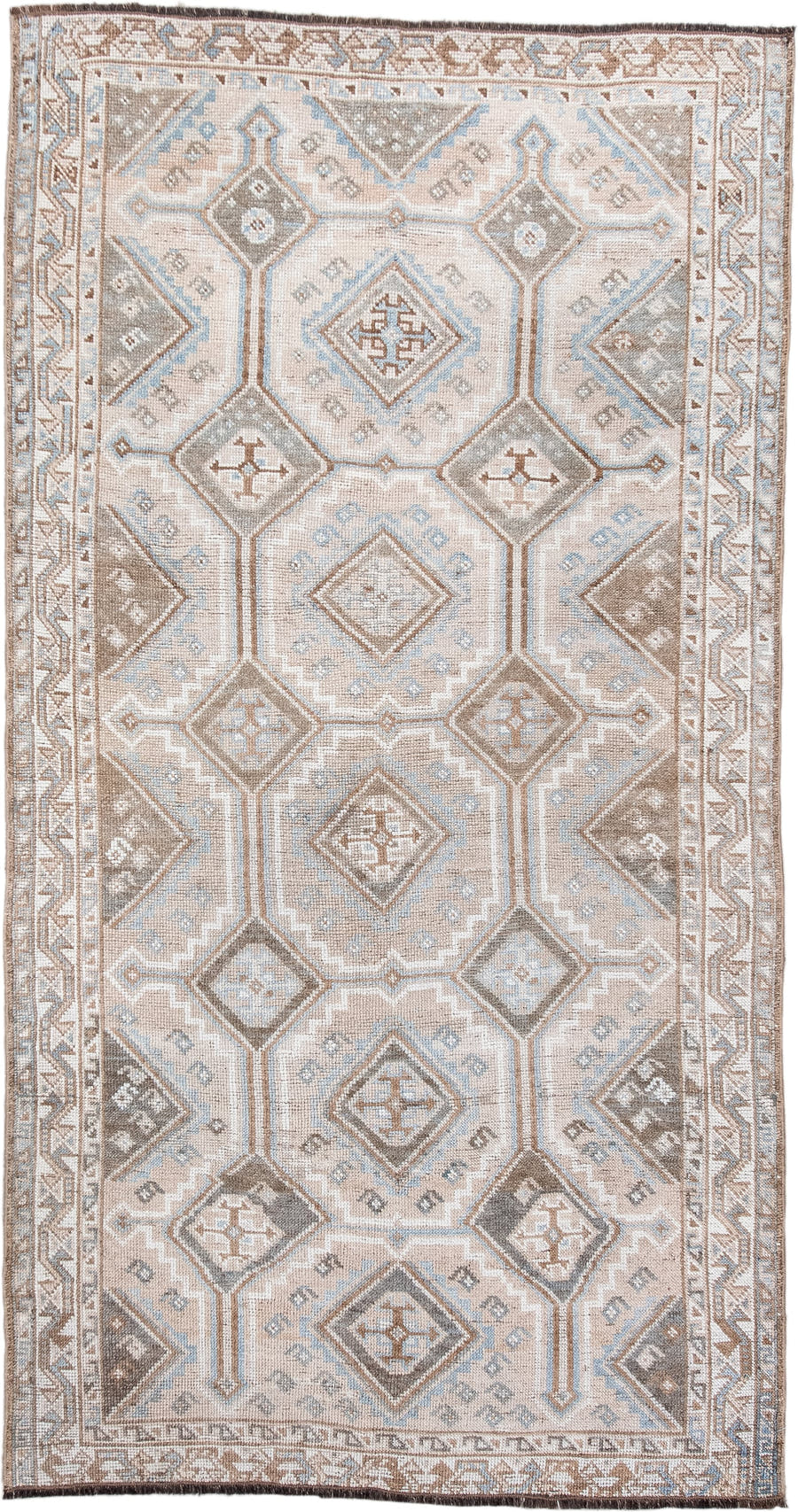 3' x 7' one-of-a-kind handmade antique Gabbe rug. Color palette: ivory, taupe, camel, pale_blue, brown, beige, gray