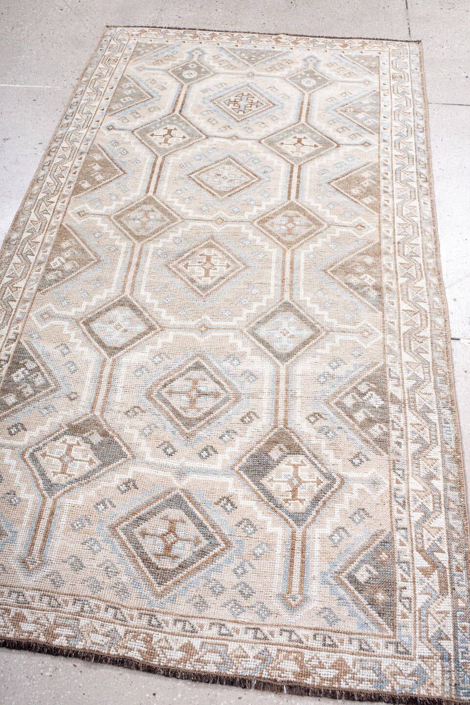 3' x 7' one-of-a-kind handmade antique Gabbe rug. Color palette: ivory, taupe, camel, pale_blue, brown, beige, gray