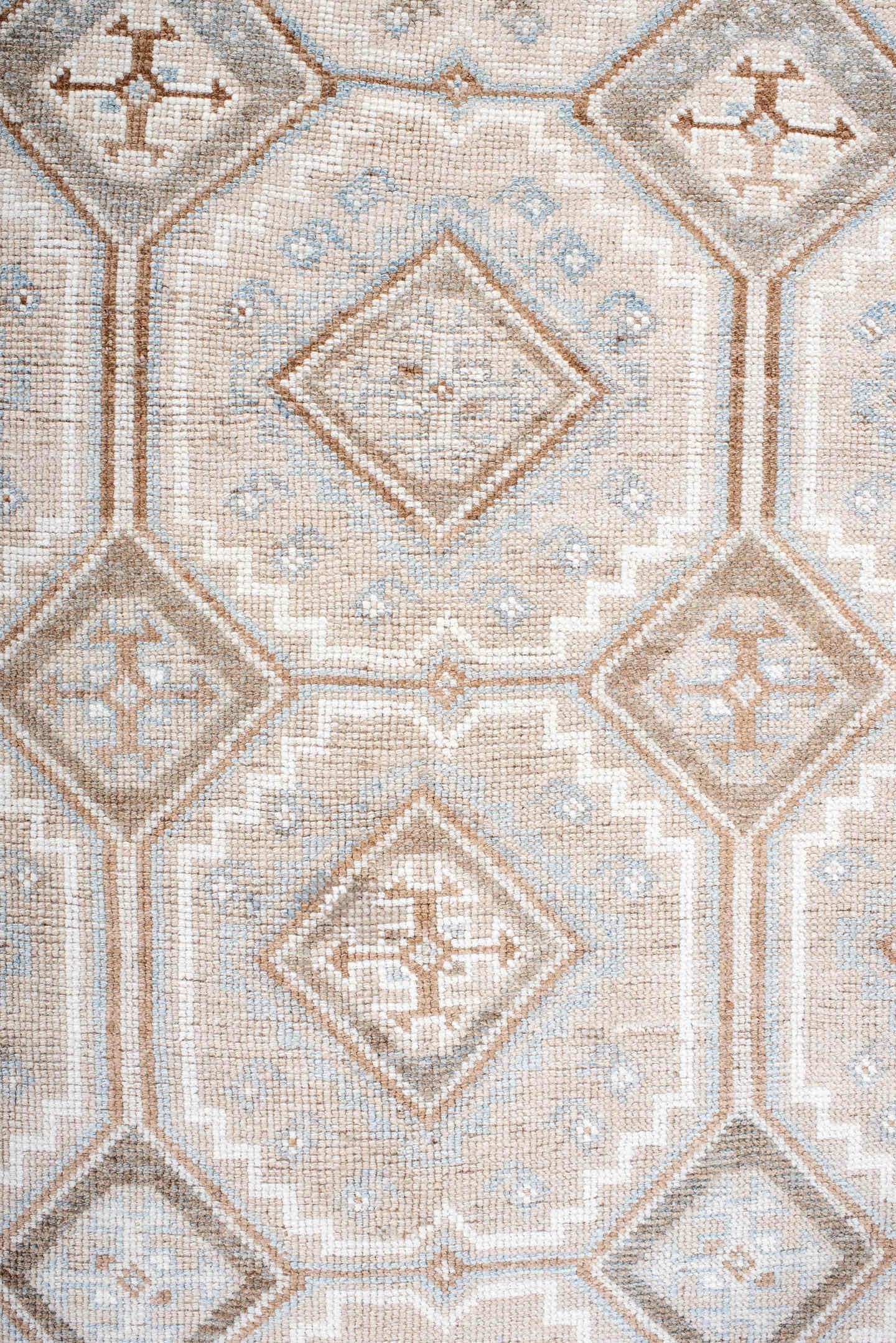 3' x 7' one-of-a-kind handmade antique Gabbe rug. Color palette: ivory, taupe, camel, pale_blue, brown, beige, gray