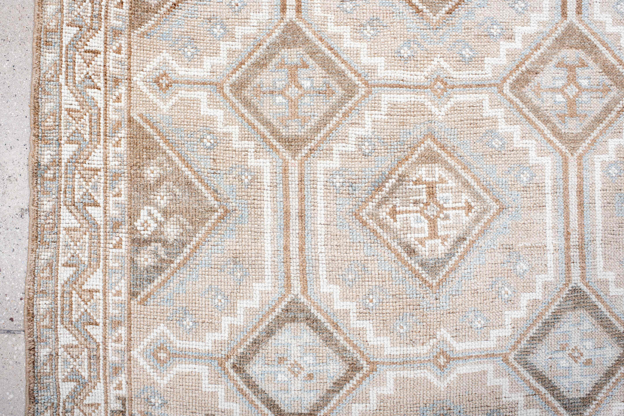 3' x 7' one-of-a-kind handmade antique Gabbe rug. Color palette: ivory, taupe, camel, pale_blue, brown, beige, gray
