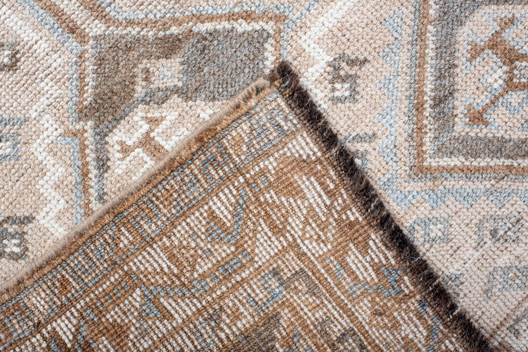 3' x 7' one-of-a-kind handmade antique Gabbe rug. Color palette: ivory, taupe, camel, pale_blue, brown, beige, gray