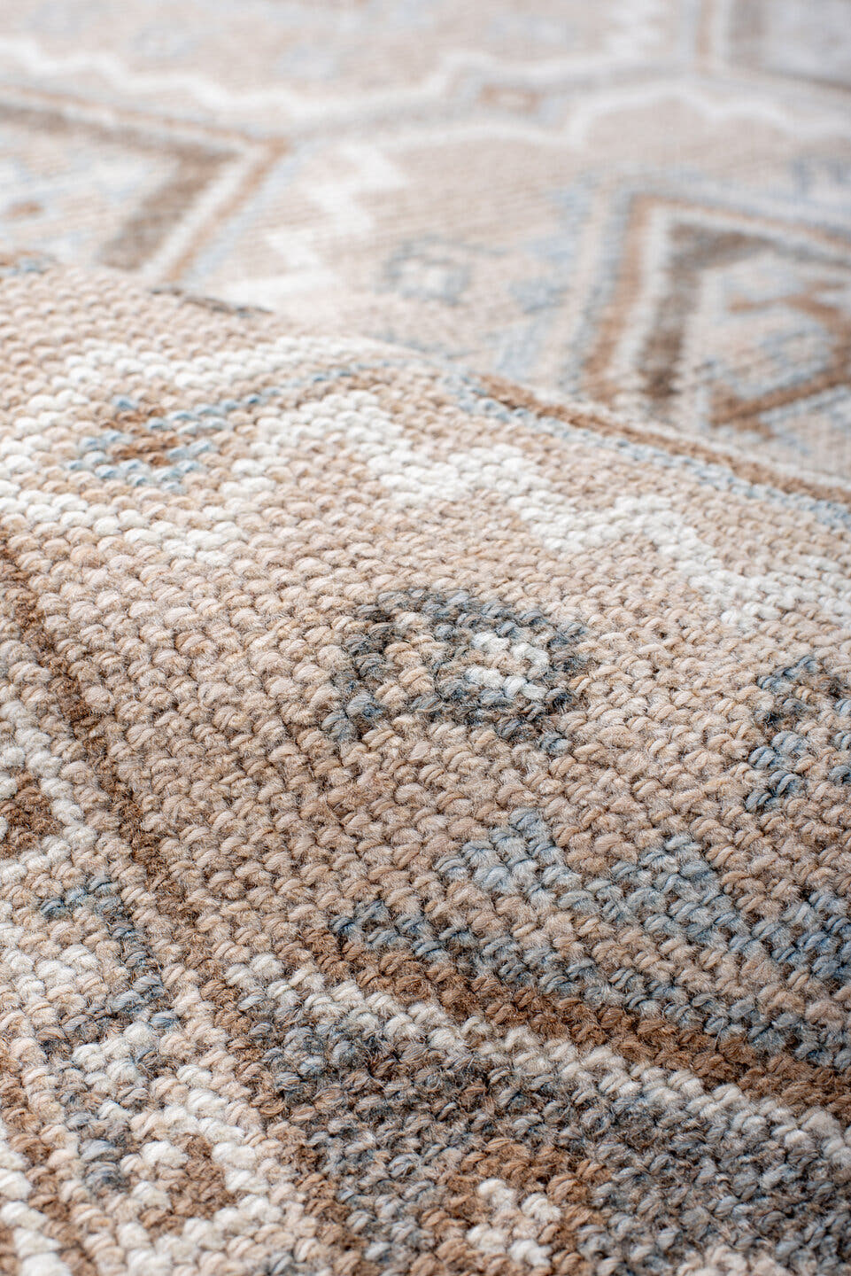 3' x 7' one-of-a-kind handmade antique Gabbe rug. Color palette: ivory, taupe, camel, pale_blue, brown, beige, gray