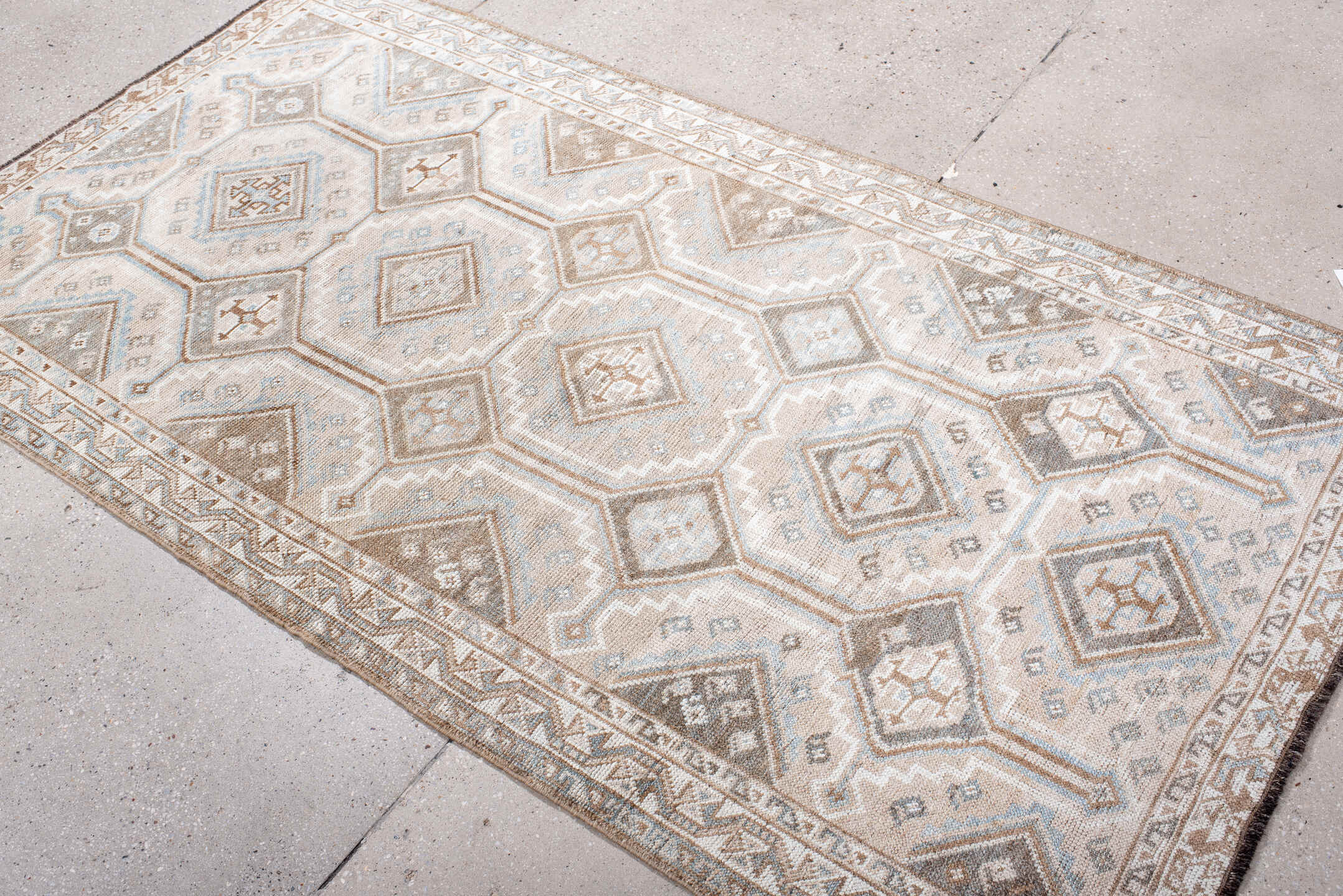 3' x 7' one-of-a-kind handmade antique Gabbe rug. Color palette: ivory, taupe, camel, pale_blue, brown, beige, gray