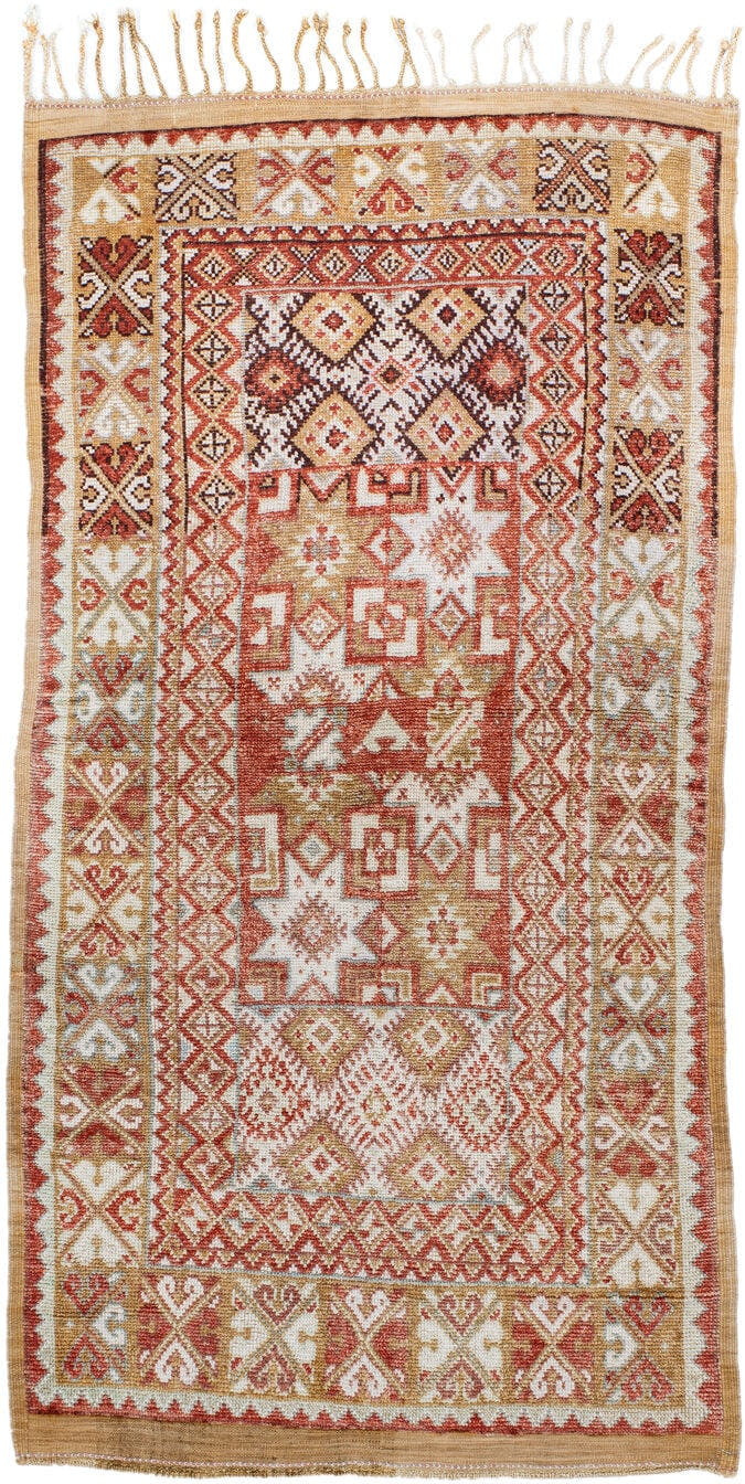 3' x 6' one-of-a-kind handmade antique Moroccan small size rug. Color palette: terra cotta, ivory, camel, rust, tan, sage