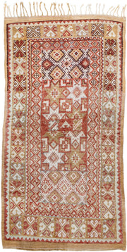 3' x 6' one-of-a-kind handmade antique Moroccan small size rug. Color palette: terra cotta, ivory, camel, rust, tan, sage