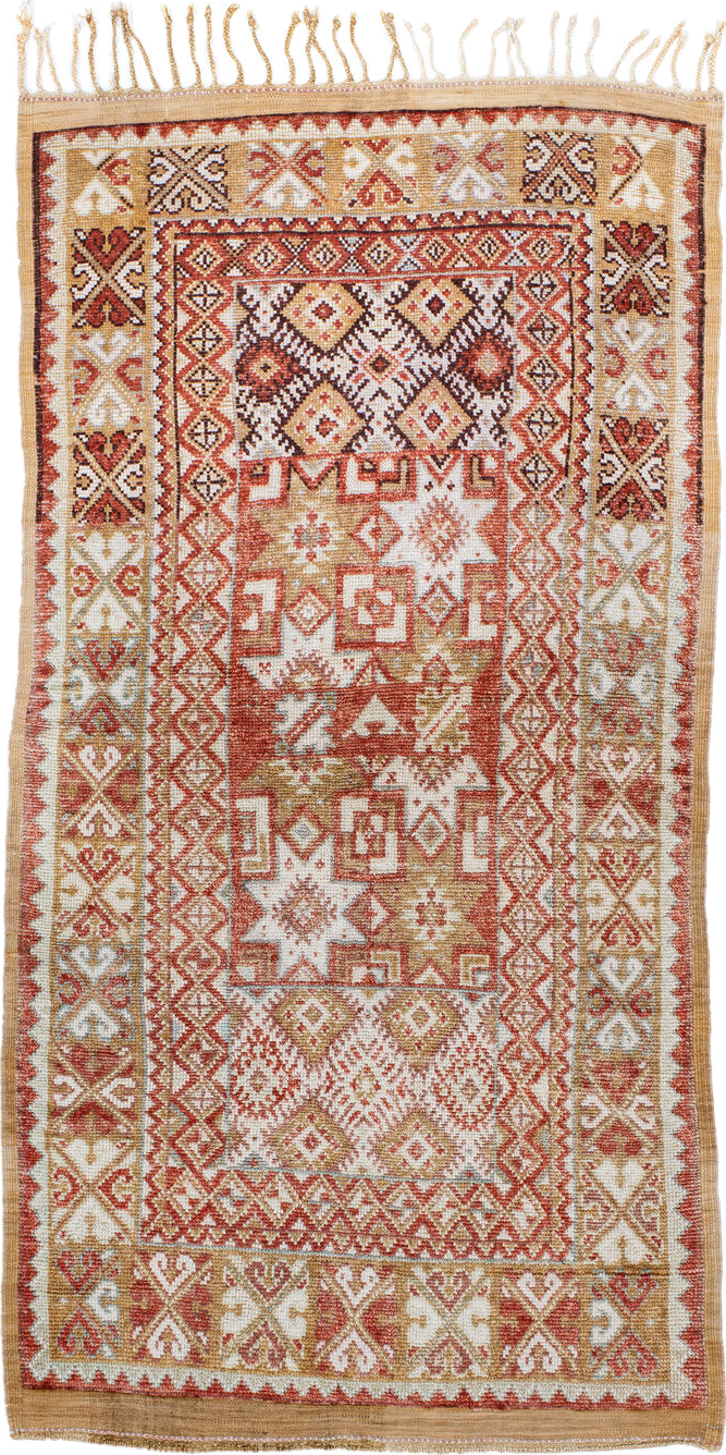 3' x 6' one-of-a-kind handmade antique Moroccan small size rug. Color palette: terra cotta, ivory, camel, rust, tan, sage