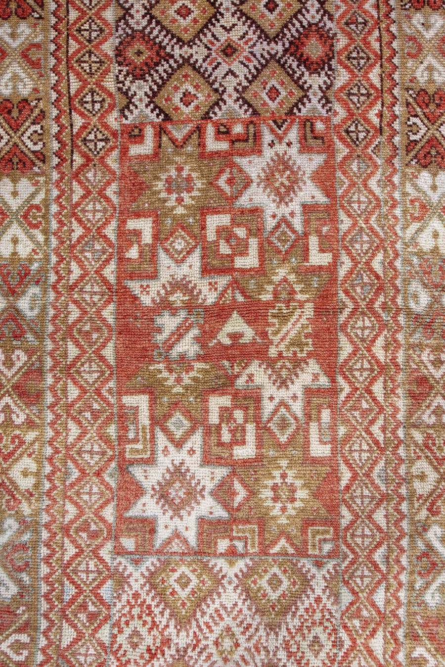 3' x 6' one-of-a-kind handmade antique Moroccan small size rug. Color palette: terra cotta, ivory, camel, rust, tan, sage