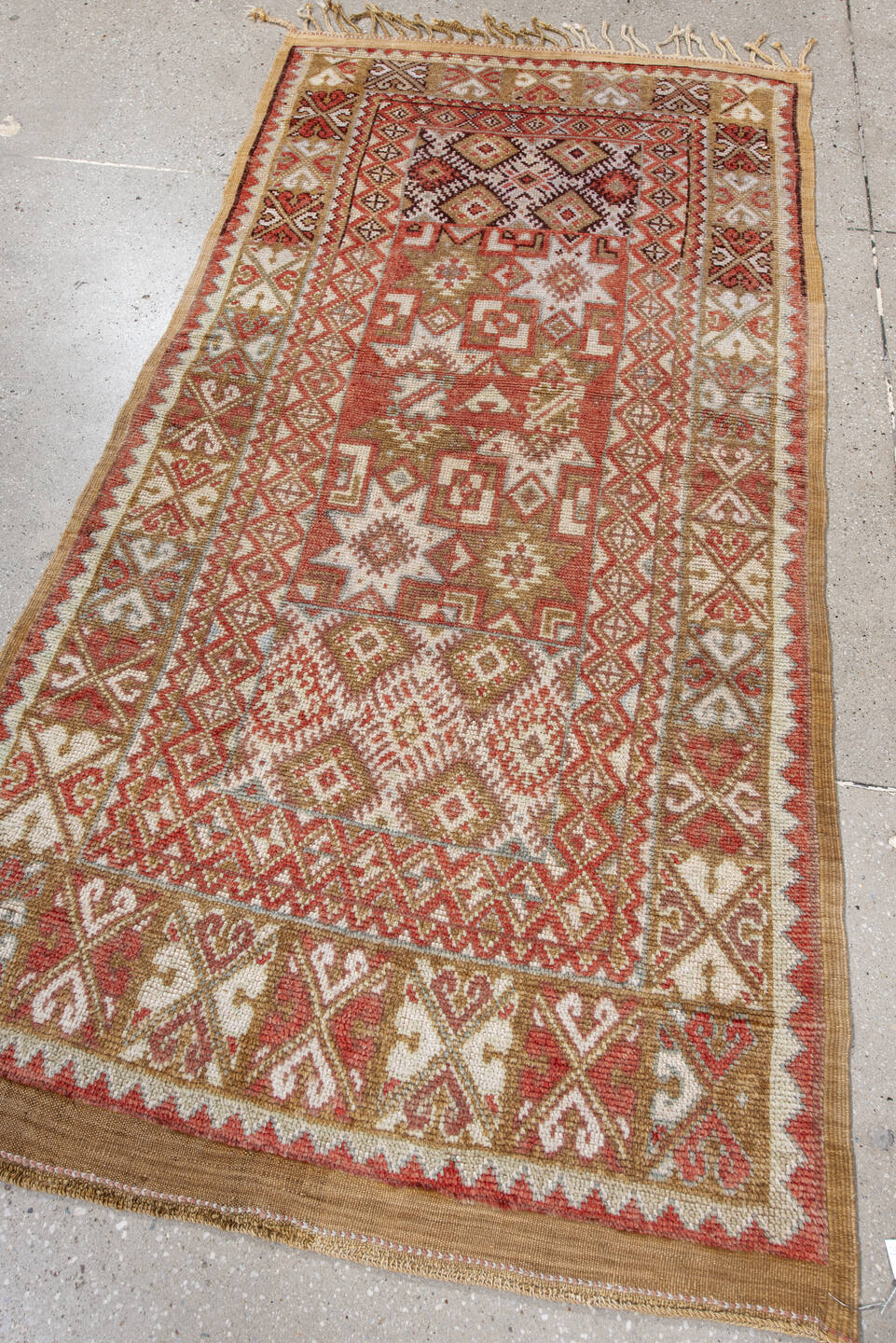 3' x 6' one-of-a-kind handmade antique Moroccan small size rug. Color palette: terra cotta, ivory, camel, rust, tan, sage