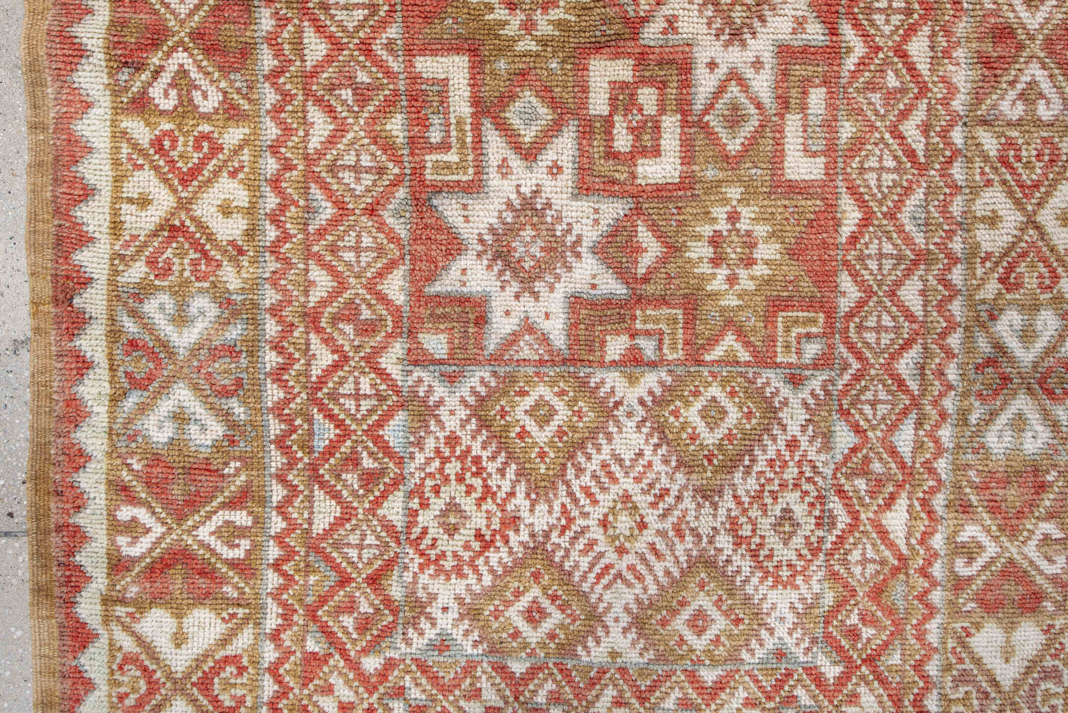 3' x 6' one-of-a-kind handmade antique Moroccan small size rug. Color palette: terra cotta, ivory, camel, rust, tan, sage