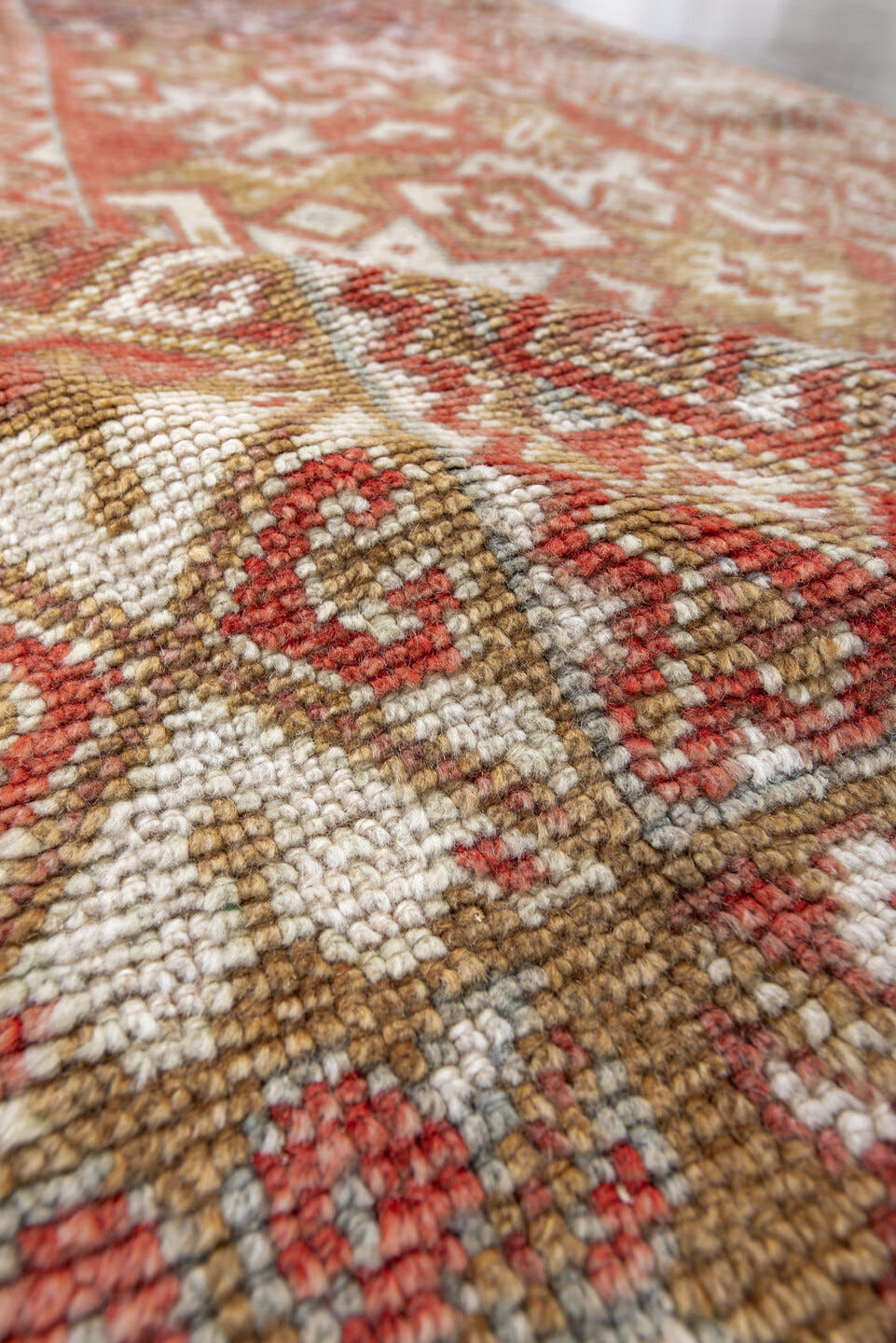 3' x 6' one-of-a-kind handmade antique Moroccan small size rug. Color palette: terra cotta, ivory, camel, rust, tan, sage