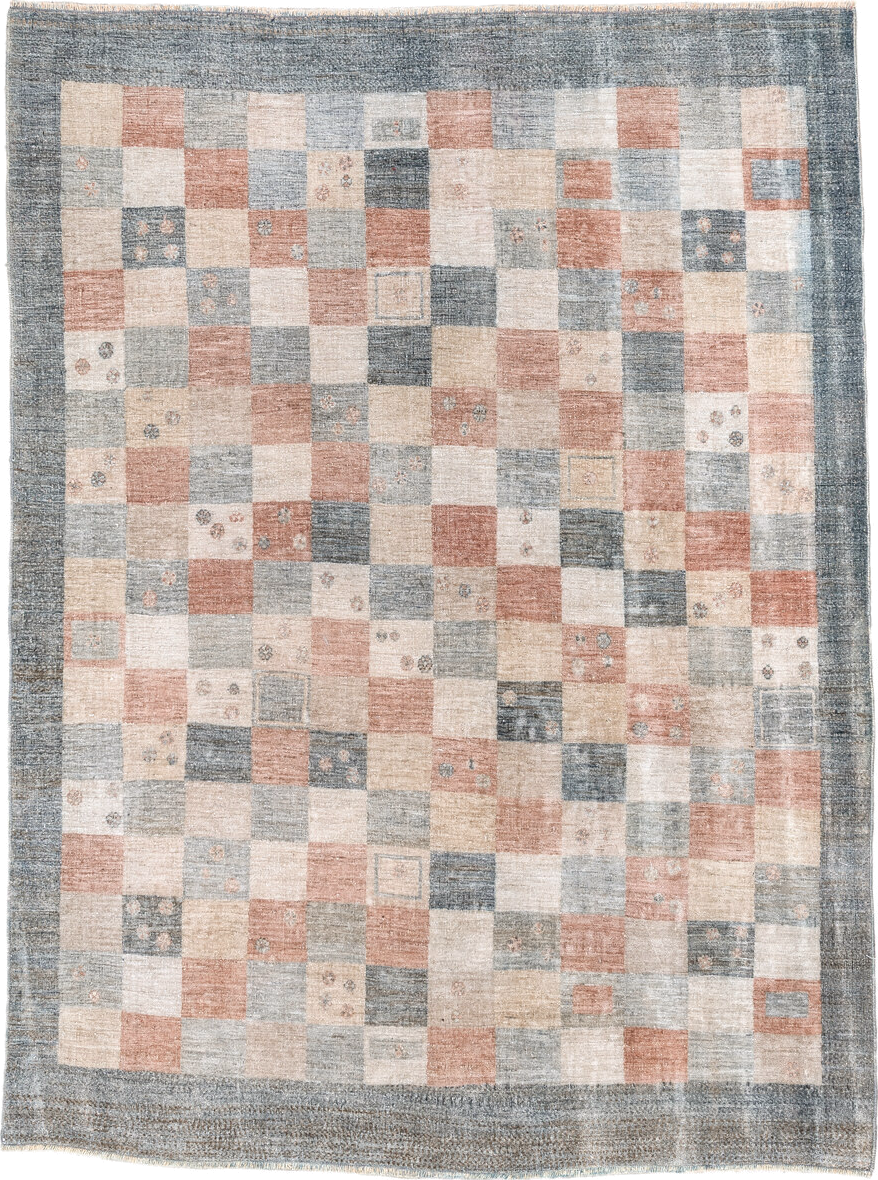4' x 6' one-of-a-kind handmade vintage Gabbe small size rug. Color palette: slate, ivory, blush, sand, taupe, charcoal, gray