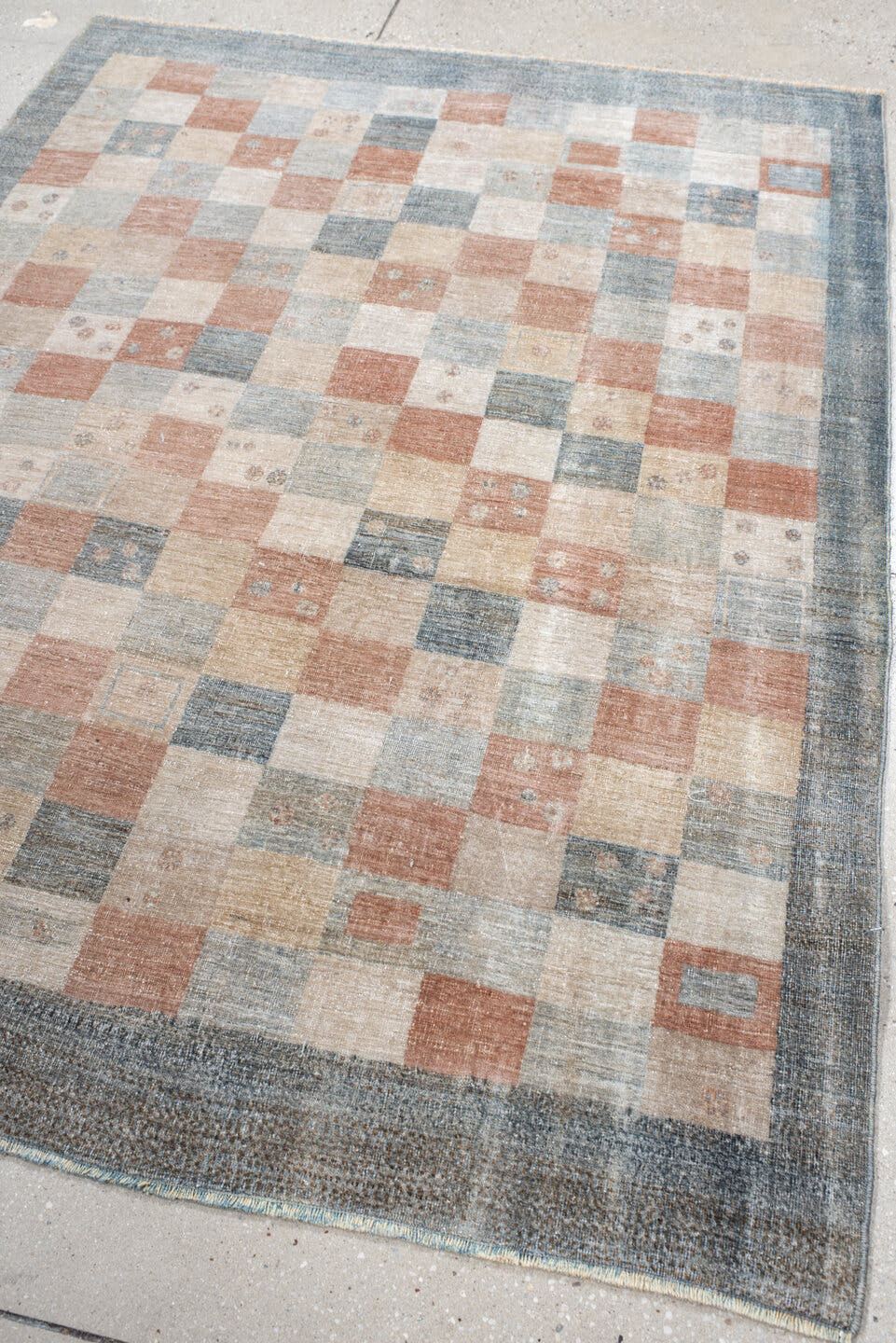 4' x 6' one-of-a-kind handmade vintage Gabbe small size rug. Color palette: slate, ivory, blush, sand, taupe, charcoal, gray