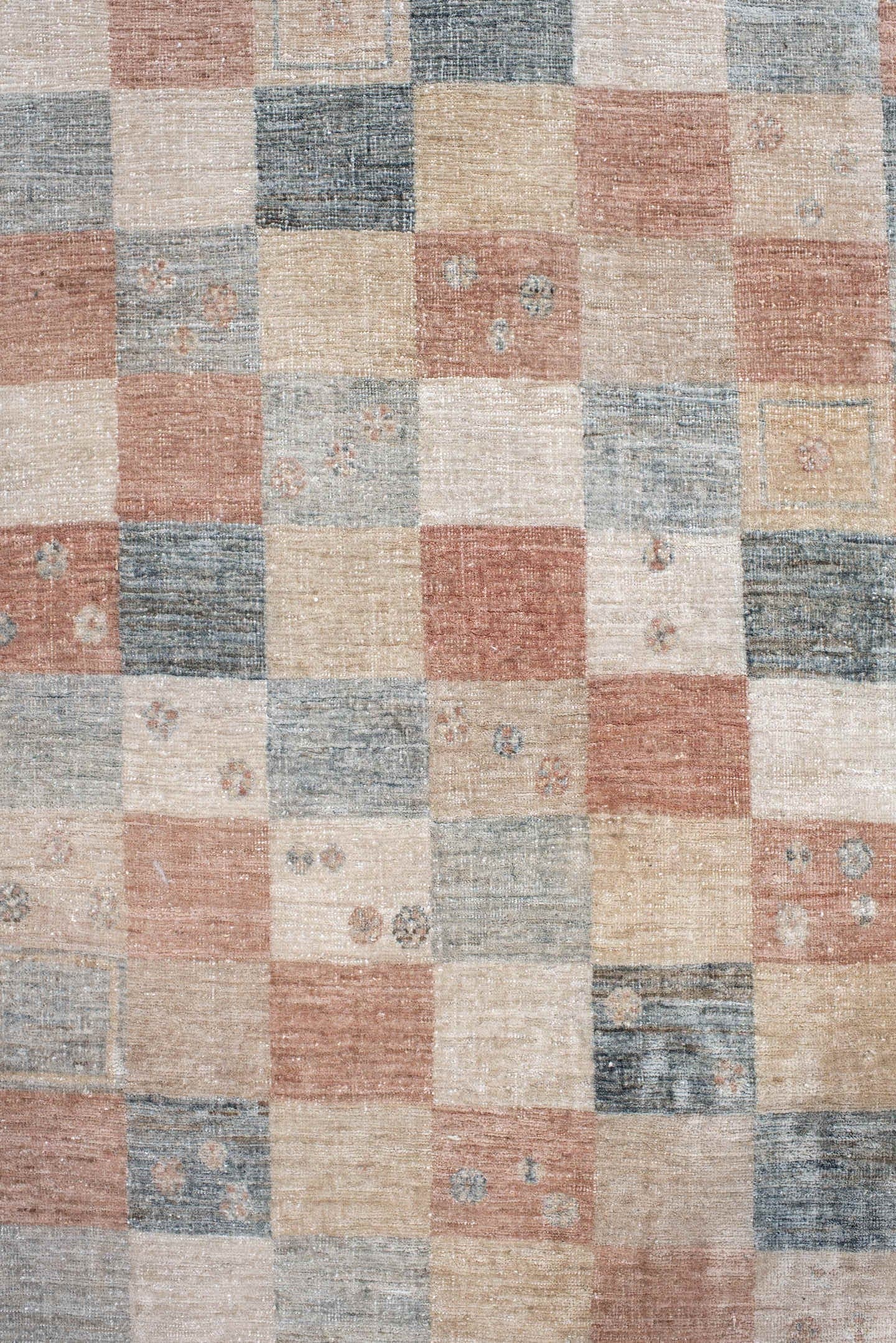 4' x 6' one-of-a-kind handmade vintage Gabbe small size rug. Color palette: slate, ivory, blush, sand, taupe, charcoal, gray