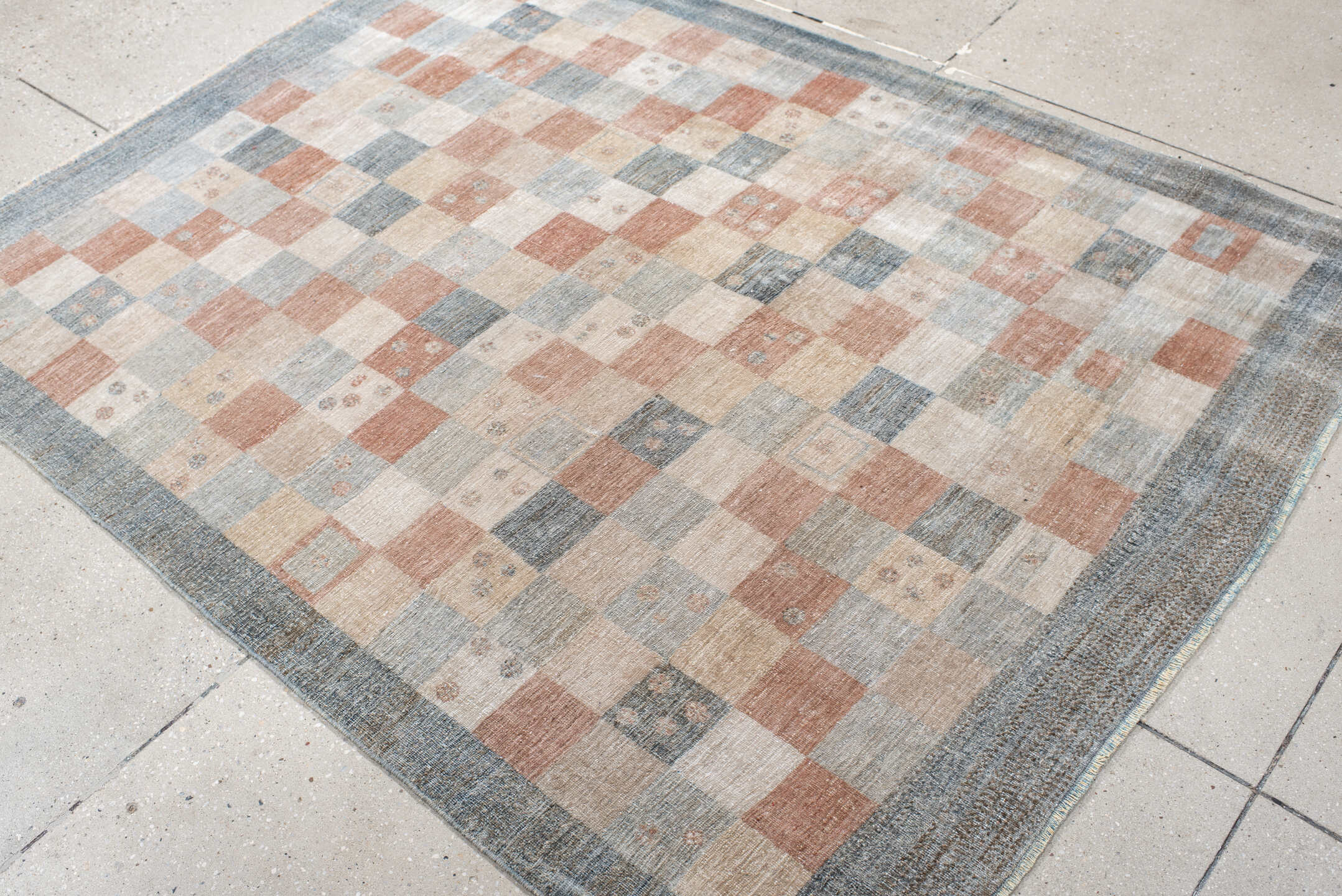 4' x 6' one-of-a-kind handmade vintage Gabbe small size rug. Color palette: slate, ivory, blush, sand, taupe, charcoal, gray