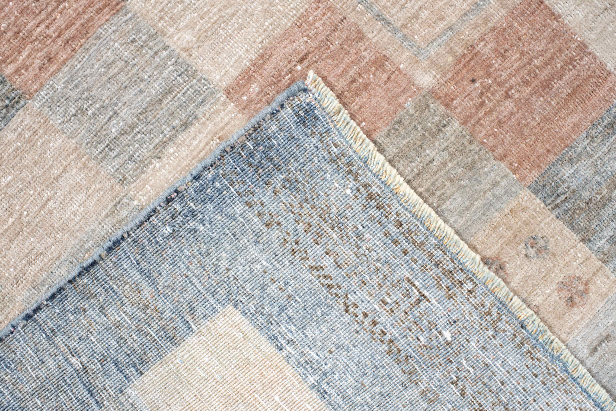 4' x 6' one-of-a-kind handmade vintage Gabbe small size rug. Color palette: slate, ivory, blush, sand, taupe, charcoal, gray