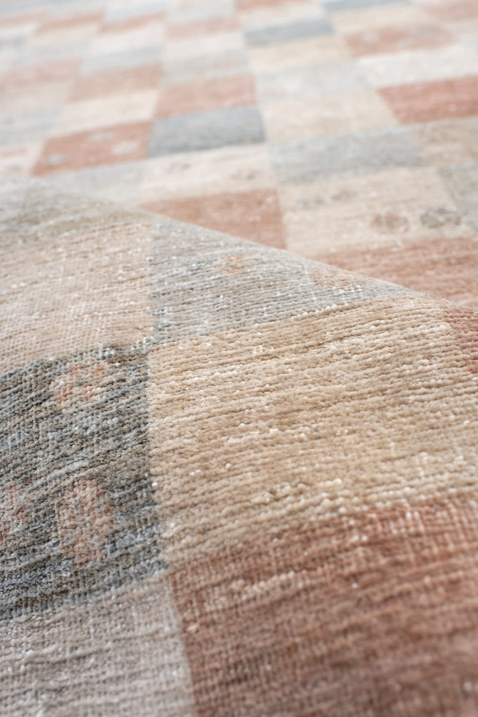 4' x 6' one-of-a-kind handmade vintage Gabbe small size rug. Color palette: slate, ivory, blush, sand, taupe, charcoal, gray