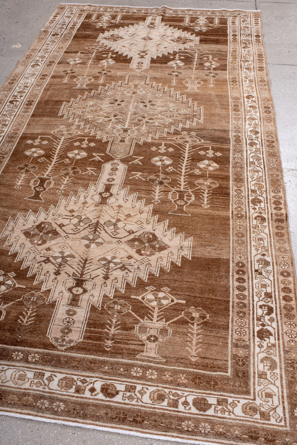 5' x 9' one-of-a-kind handmade antique Hamadan medium size rug. Color palette: brown, ivory, taupe, camel, beige, gray