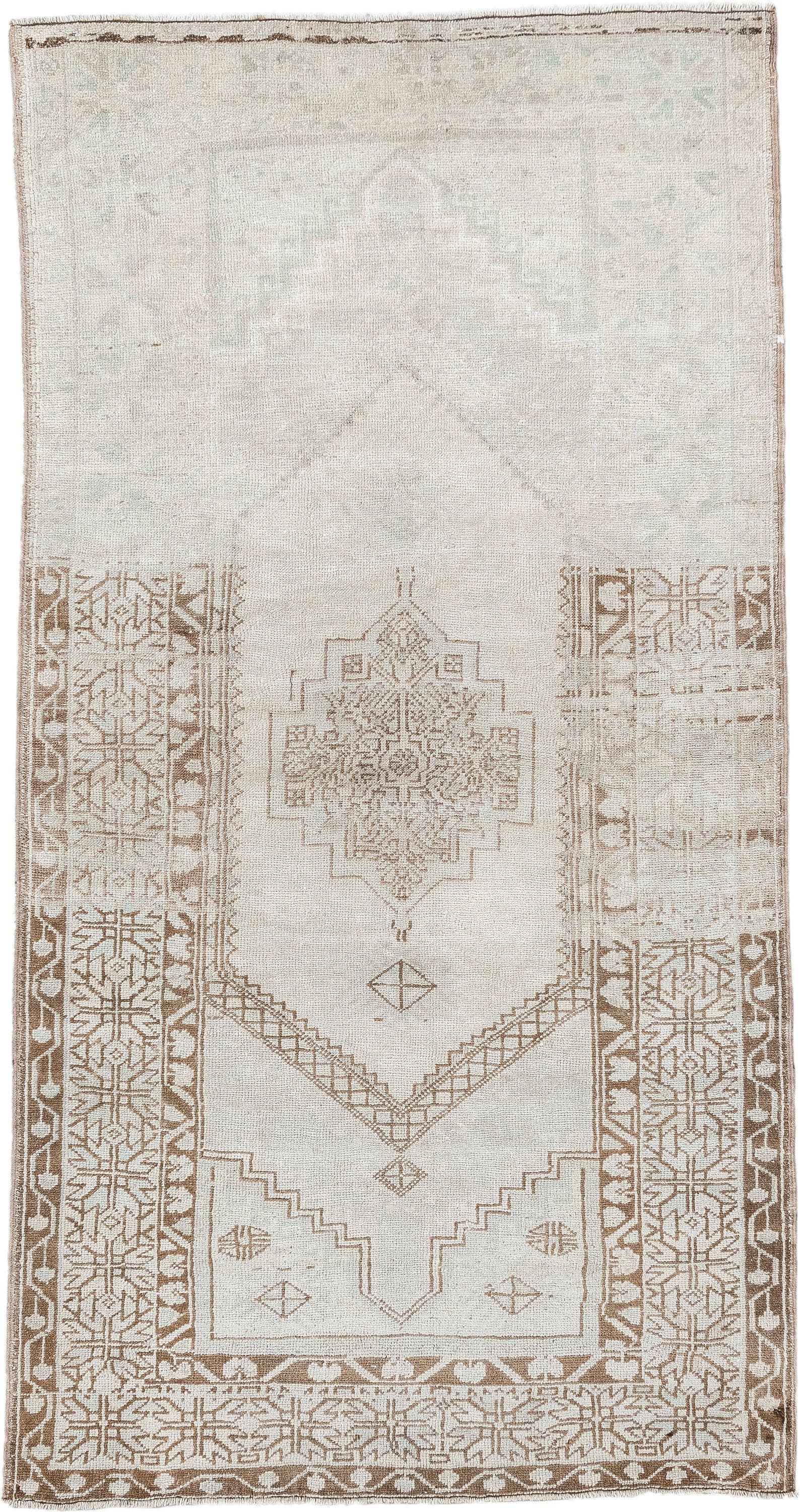3' x 6' one-of-a-kind handmade antique Anatolian rug. Color palette: ivory, taupe, beige, camel, sand, light brown, gray