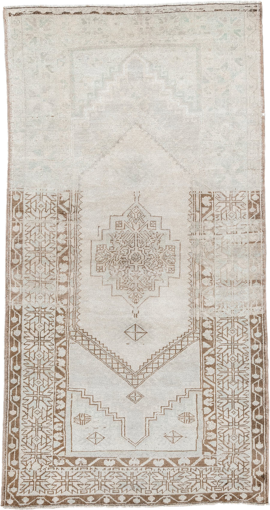 3' x 6' one-of-a-kind handmade antique Anatolian rug. Color palette: ivory, taupe, beige, camel, sand, light brown, gray