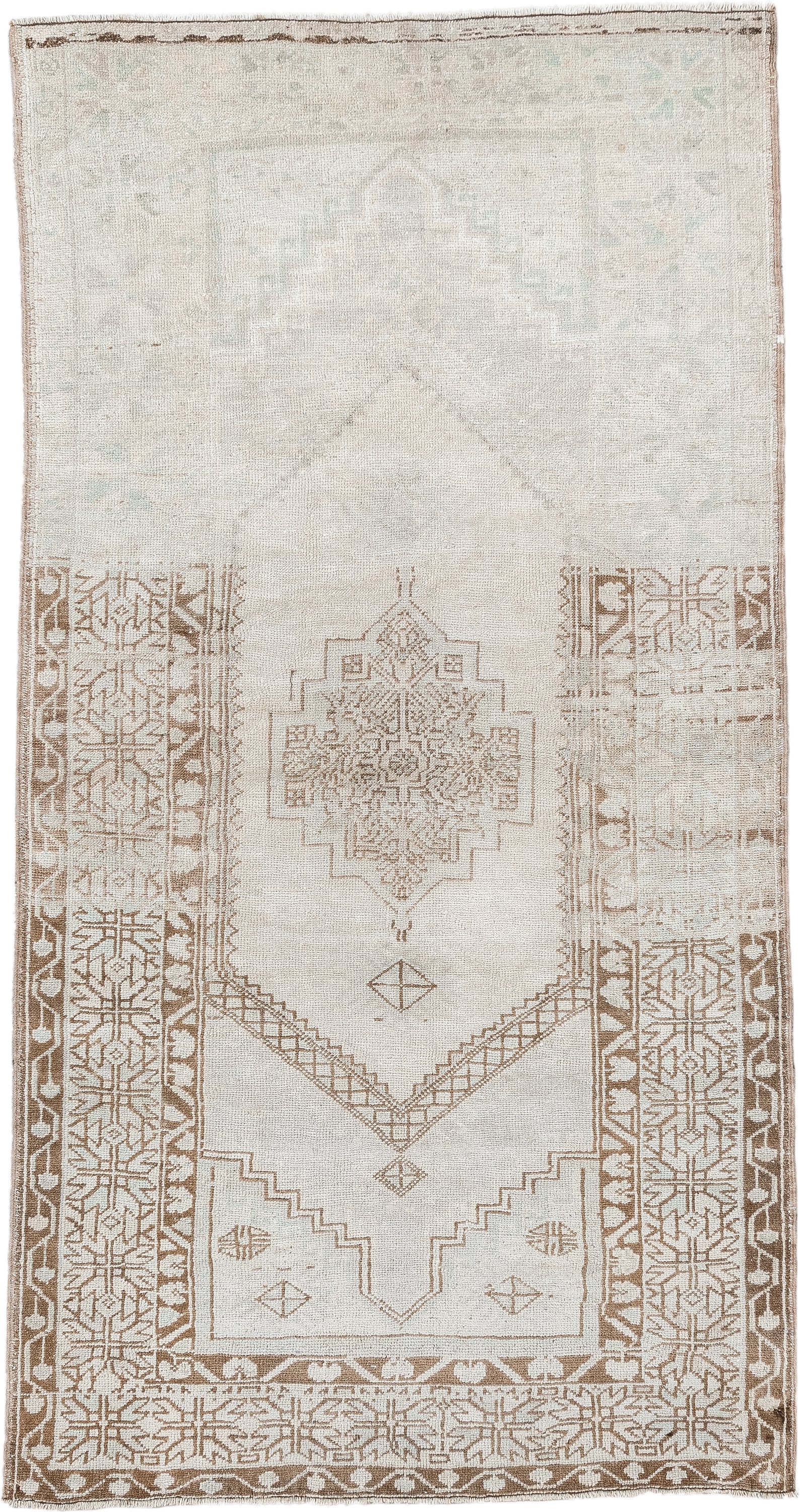 3' x 6' one-of-a-kind handmade antique Anatolian rug. Color palette: ivory, taupe, beige, camel, sand, light brown, gray