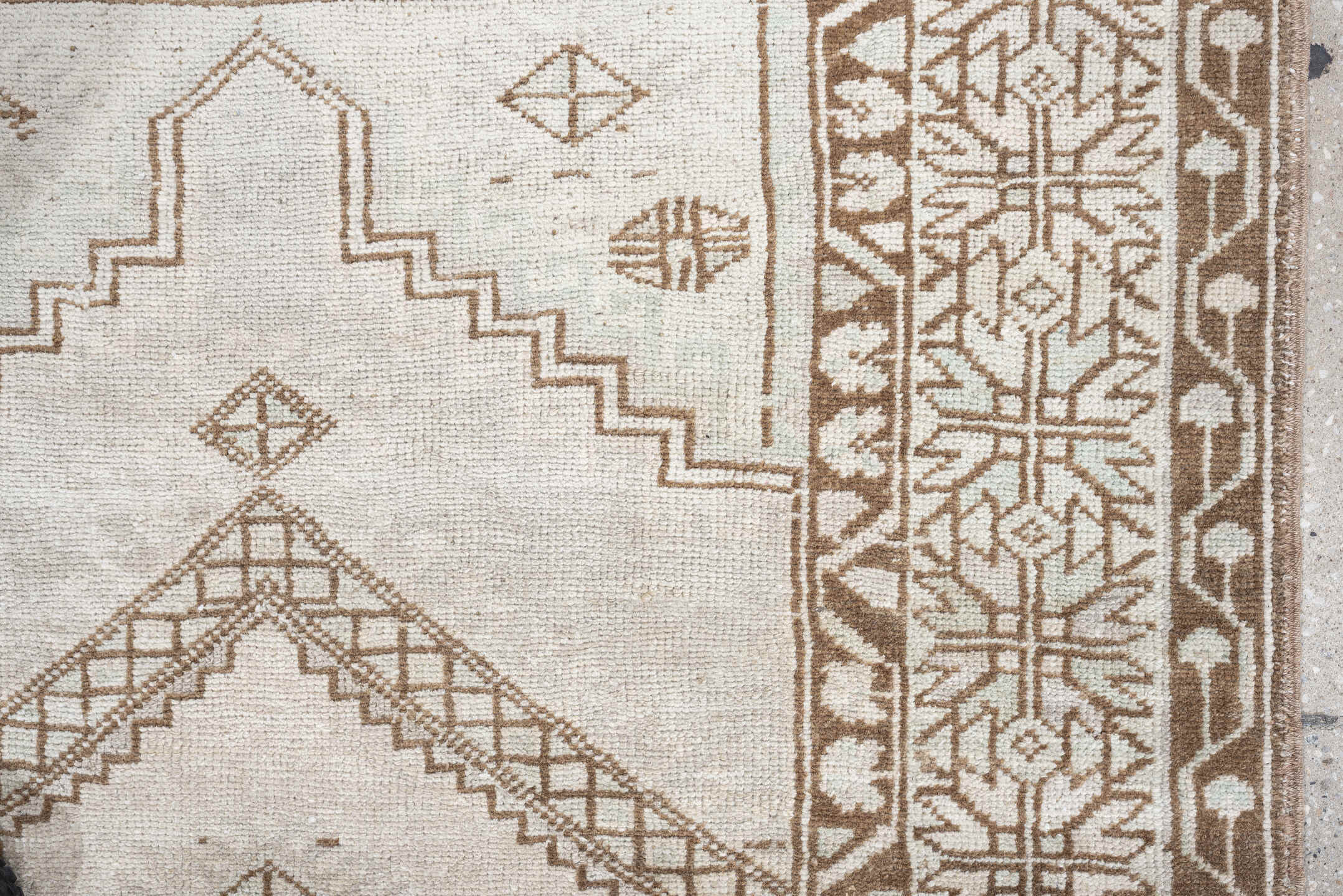 3' x 6' one-of-a-kind handmade antique Anatolian rug. Color palette: ivory, taupe, beige, camel, sand, light brown, gray