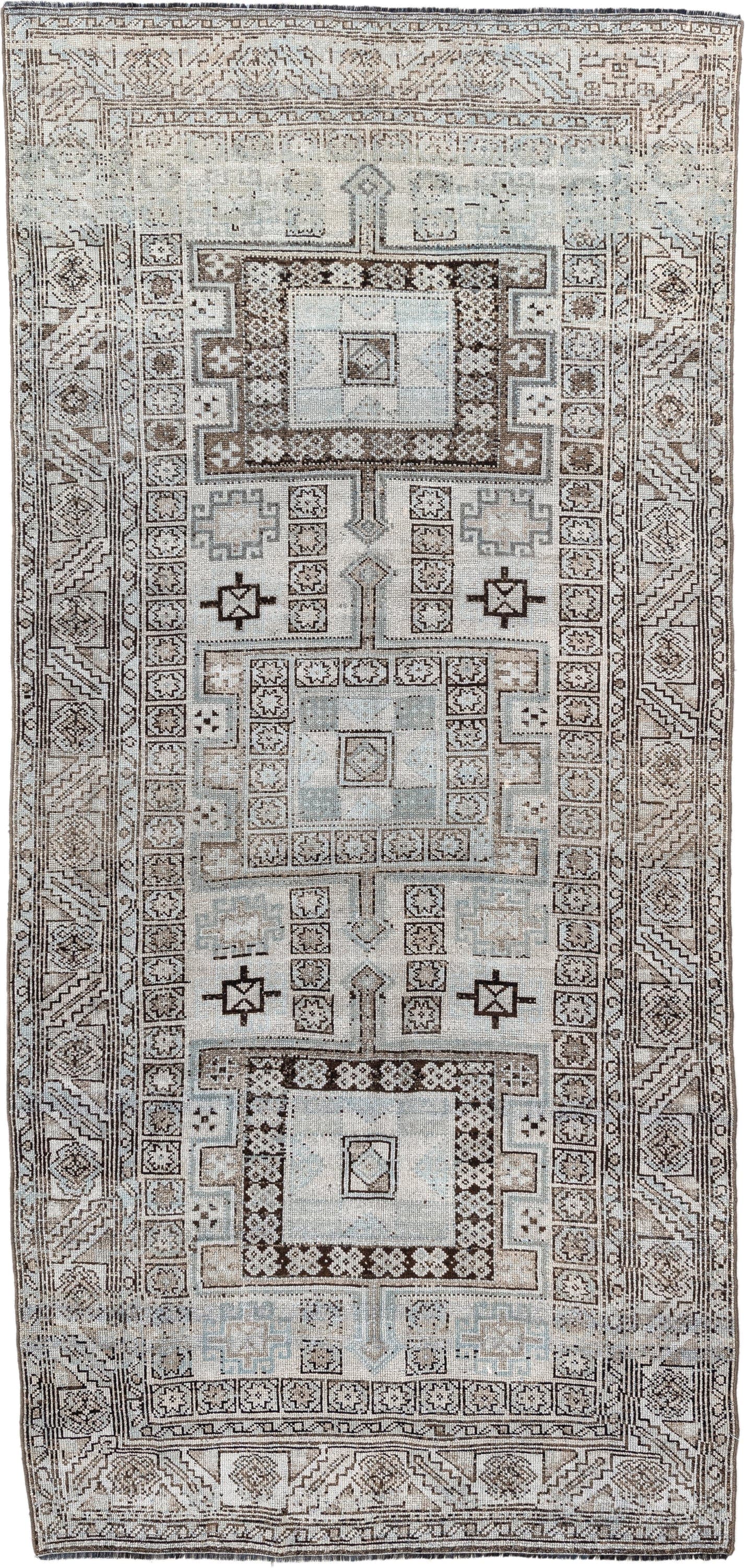 4' x 9' one-of-a-kind handmade antique NW Persian runner rug. Color palette: ivory, taupe, brown, camel, slate, beige, gray