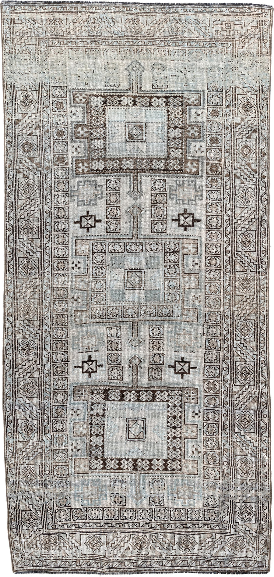 4' x 9' one-of-a-kind handmade antique NW Persian runner rug. Color palette: ivory, taupe, brown, camel, slate, beige, gray