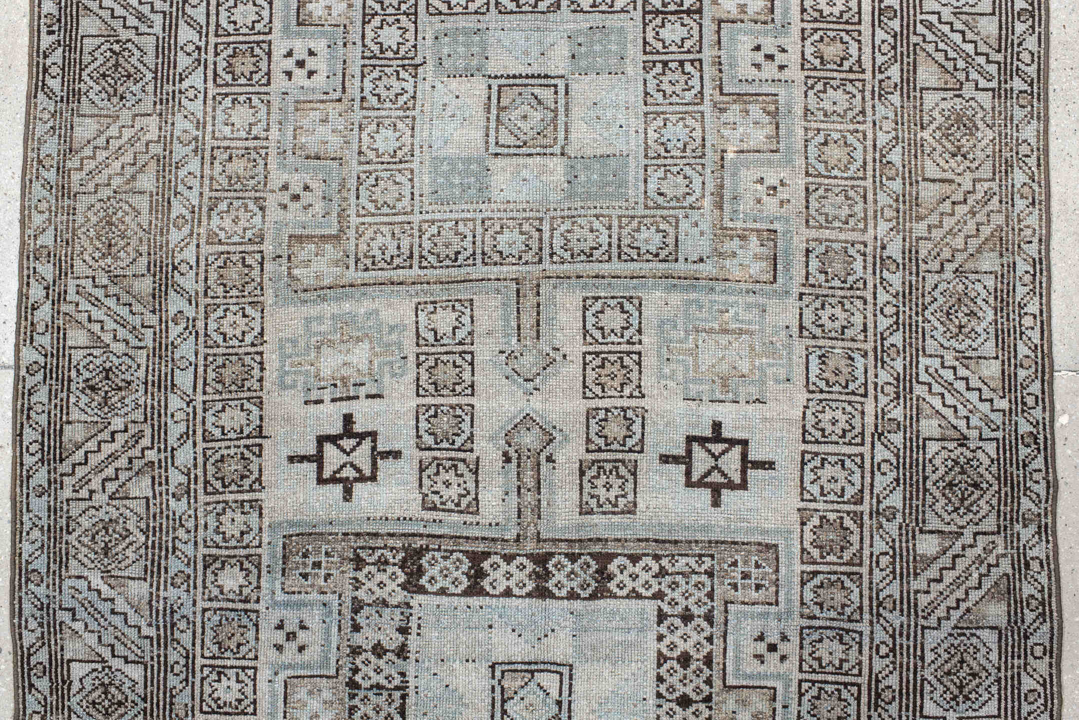 4' x 9' one-of-a-kind handmade antique NW Persian runner rug. Color palette: ivory, taupe, brown, camel, slate, beige, gray