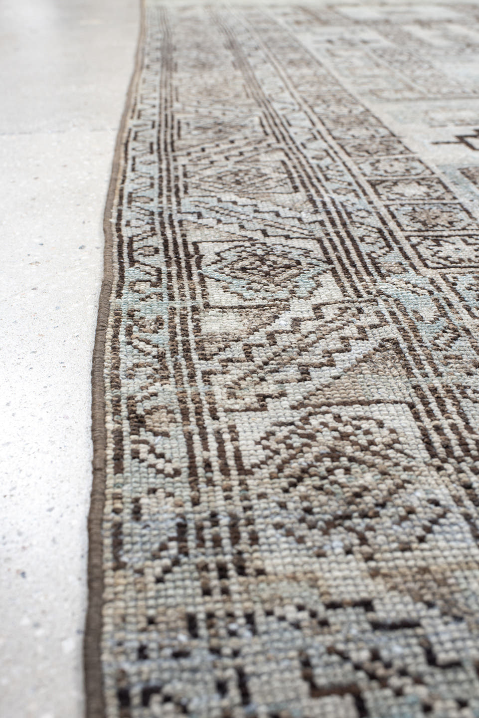 4' x 9' one-of-a-kind handmade antique NW Persian runner rug. Color palette: ivory, taupe, brown, camel, slate, beige, gray