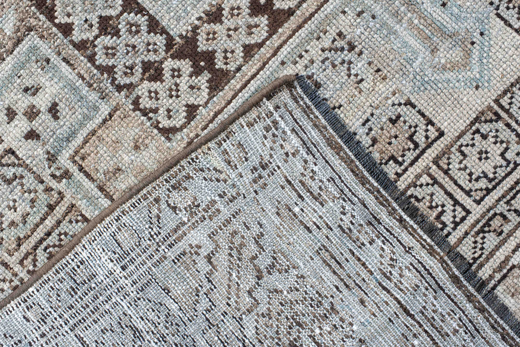 4' x 9' one-of-a-kind handmade antique NW Persian runner rug. Color palette: ivory, taupe, brown, camel, slate, beige, gray