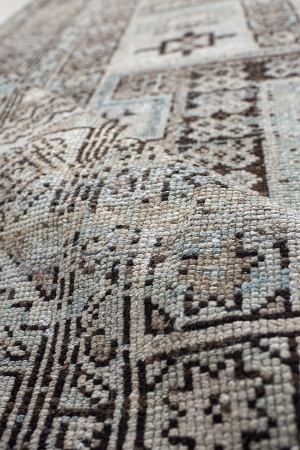 4' x 9' one-of-a-kind handmade antique NW Persian runner rug. Color palette: ivory, taupe, brown, camel, slate, beige, gray