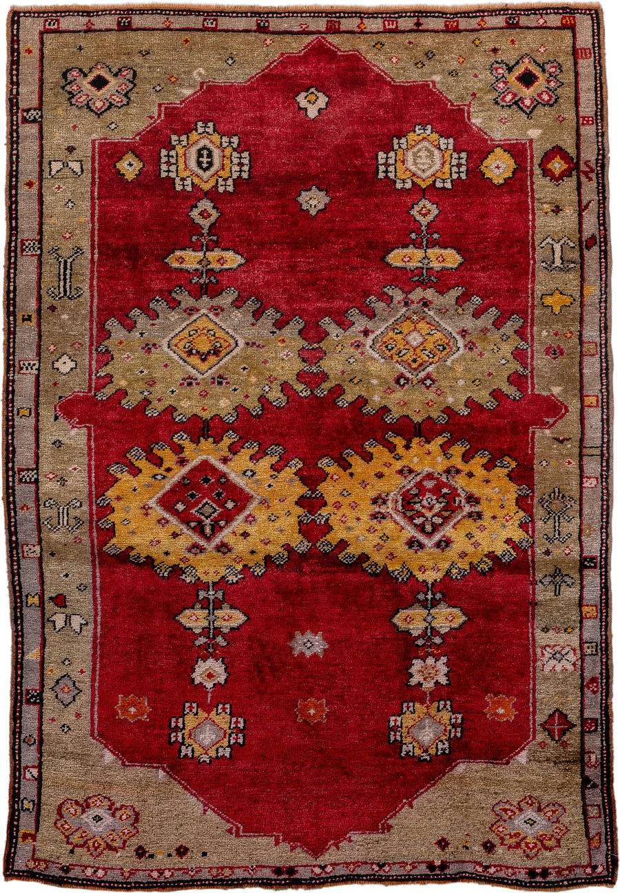 4' x 5' one-of-a-kind handmade vintage Anatolian small size rug. Color palette: crimson, camel, ivory, gold, charcoal, rust
