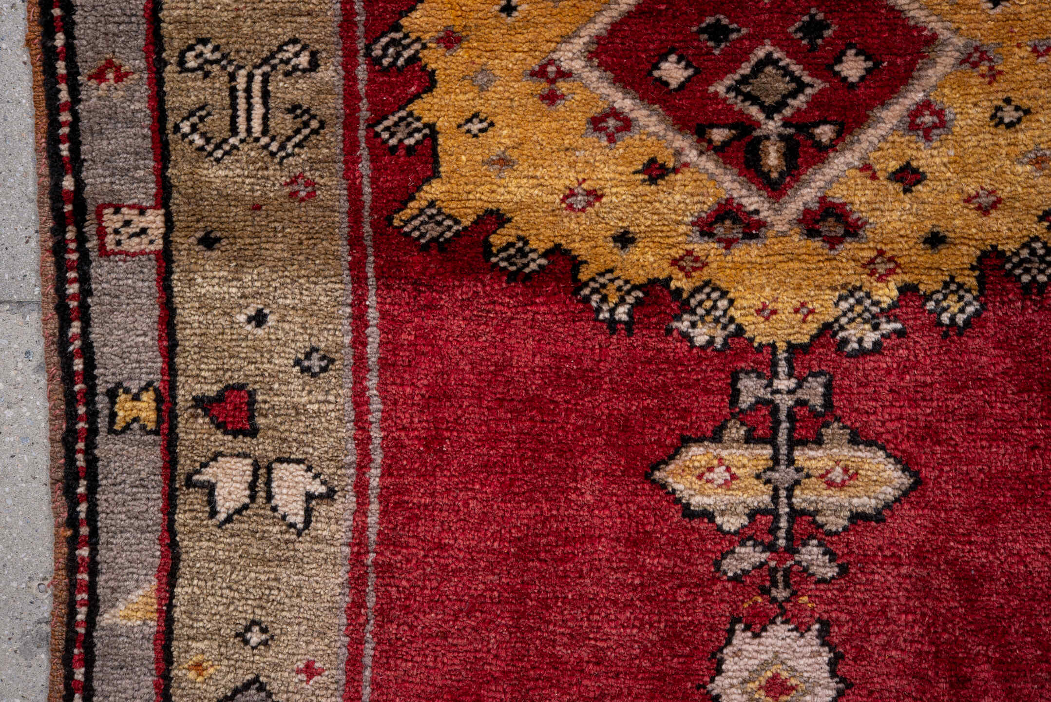 4' x 5' one-of-a-kind handmade vintage Anatolian small size rug. Color palette: crimson, camel, ivory, gold, charcoal, rust