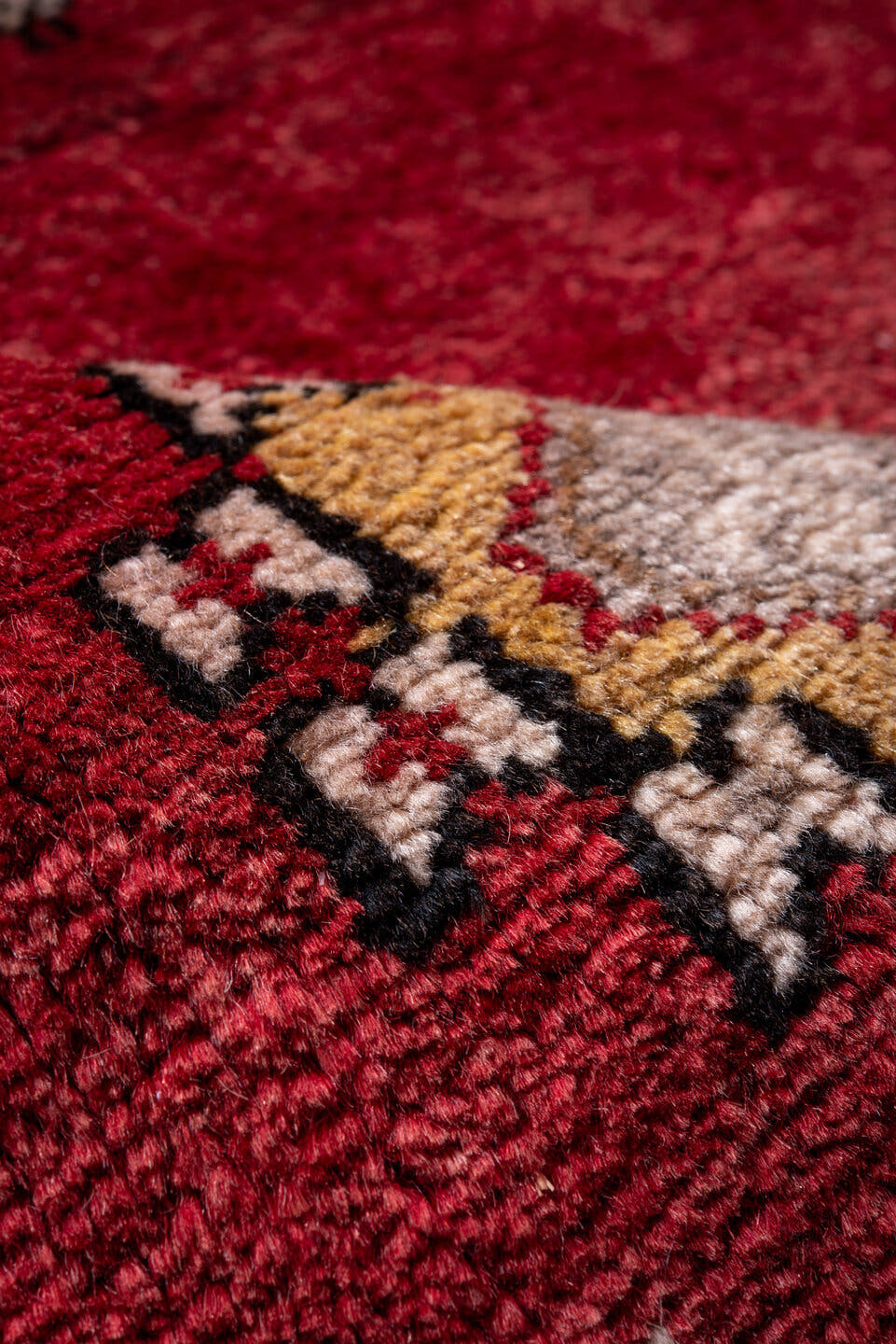 4' x 5' one-of-a-kind handmade vintage Anatolian small size rug. Color palette: crimson, camel, ivory, gold, charcoal, rust
