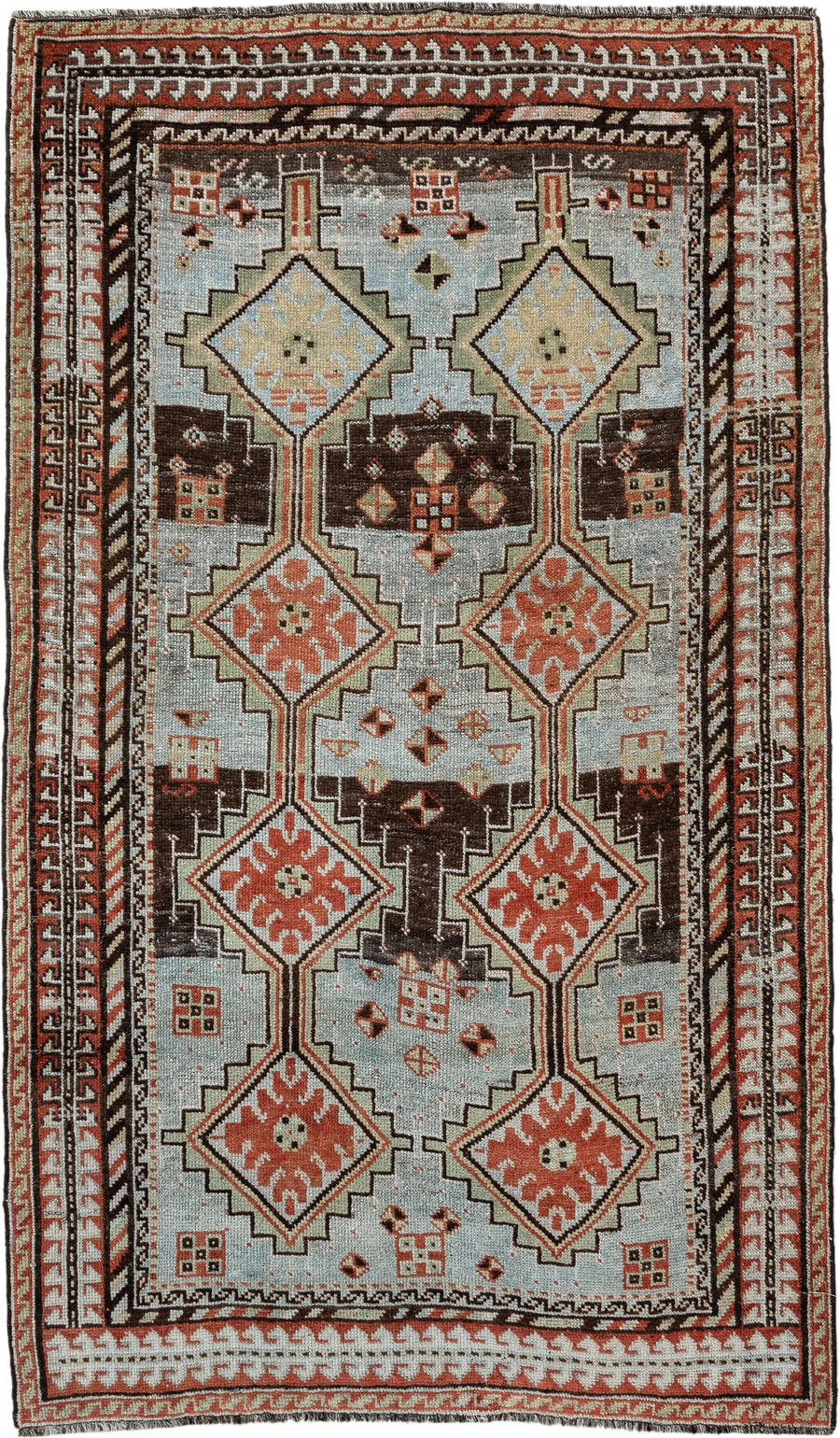 4' x 6' one-of-a-kind handmade vintage Gabbe rug. Color palette: ivory, rust, brown, charcoal, camel, pale blue, terracotta