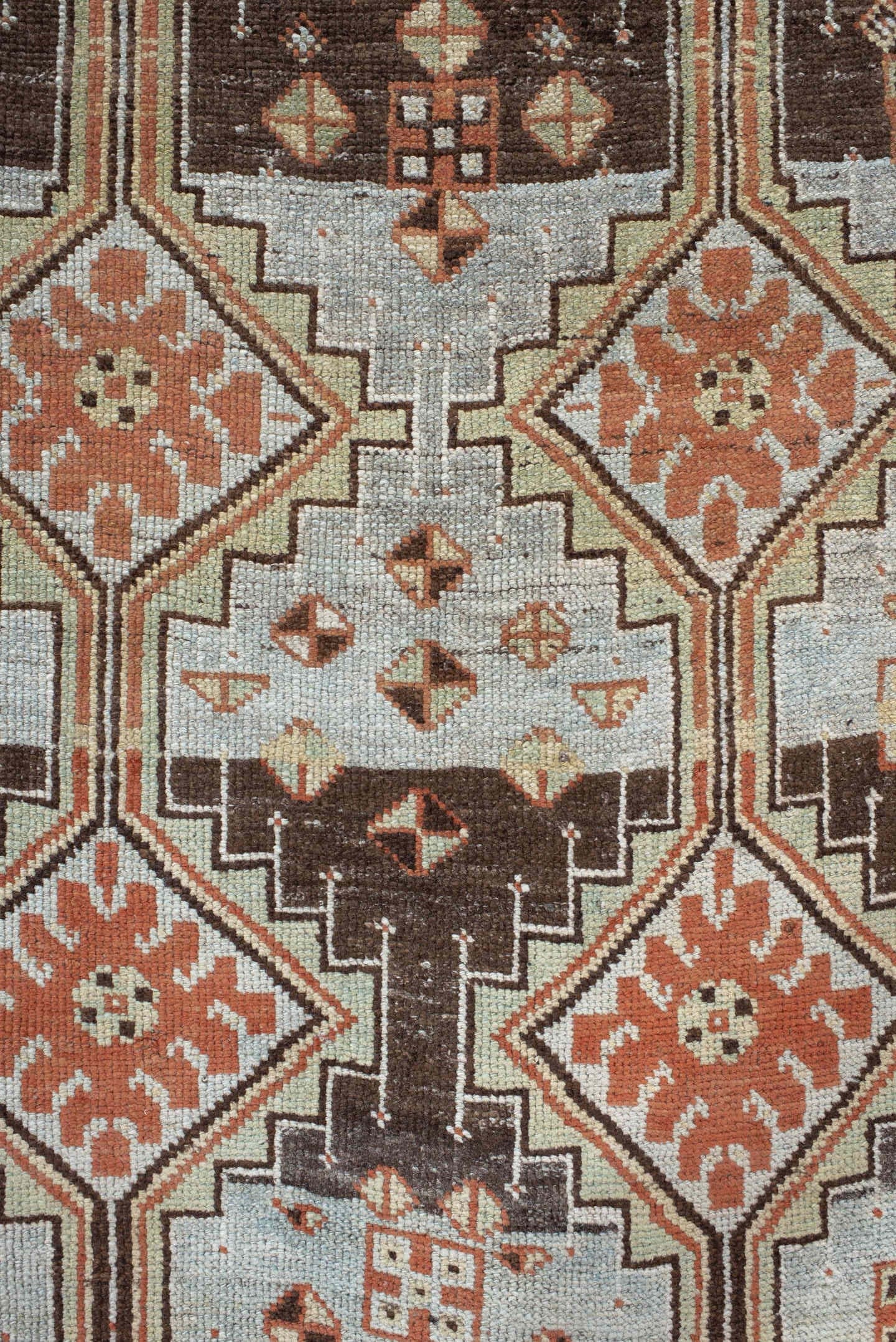 4' x 6' one-of-a-kind handmade vintage Gabbe rug. Color palette: ivory, rust, brown, charcoal, camel, pale blue, terracotta
