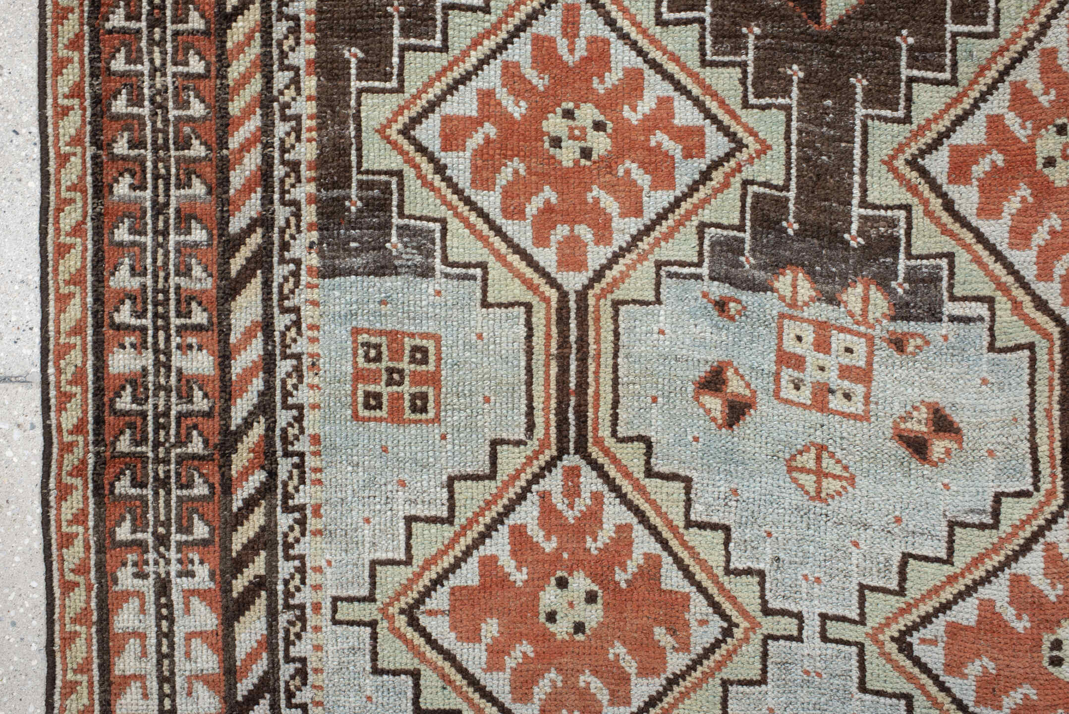 4' x 6' one-of-a-kind handmade vintage Gabbe rug. Color palette: ivory, rust, brown, charcoal, camel, pale blue, terracotta