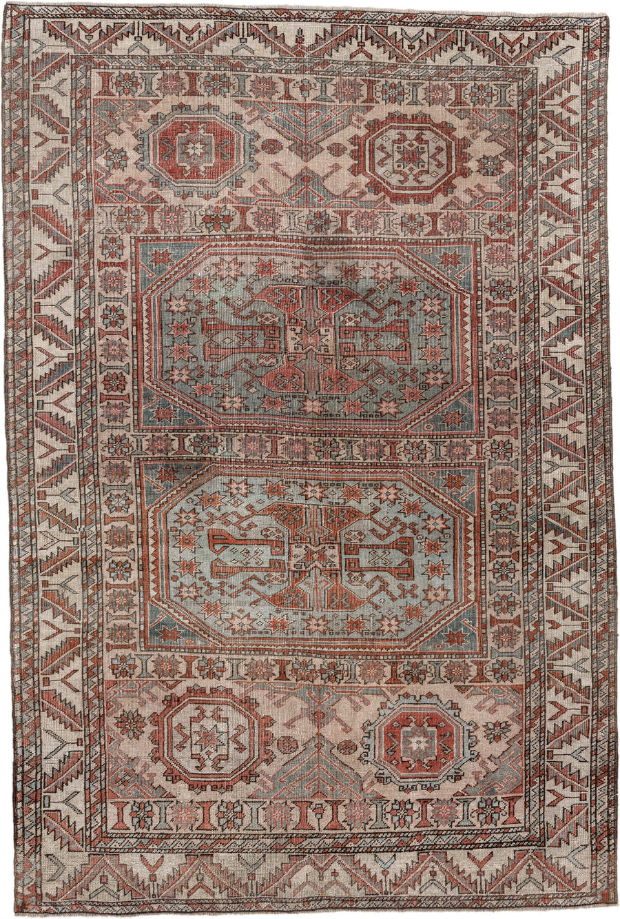 5' x 7' one-of-a-kind handmade antique Anatolian rug. Color palette: ivory, rust, blue_gray, charcoal, terracotta, taupe