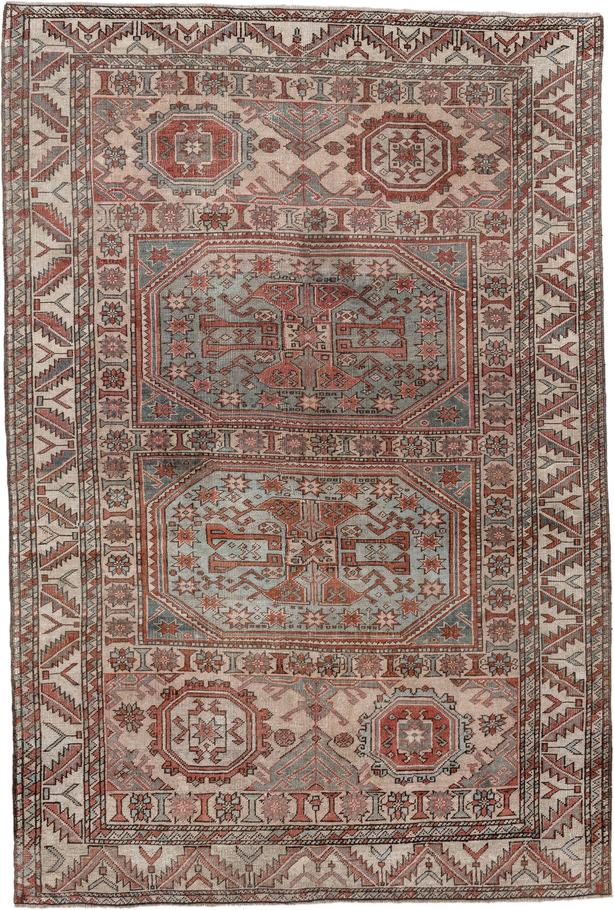 5' x 7' one-of-a-kind handmade antique Anatolian rug. Color palette: ivory, rust, blue_gray, charcoal, terracotta, taupe