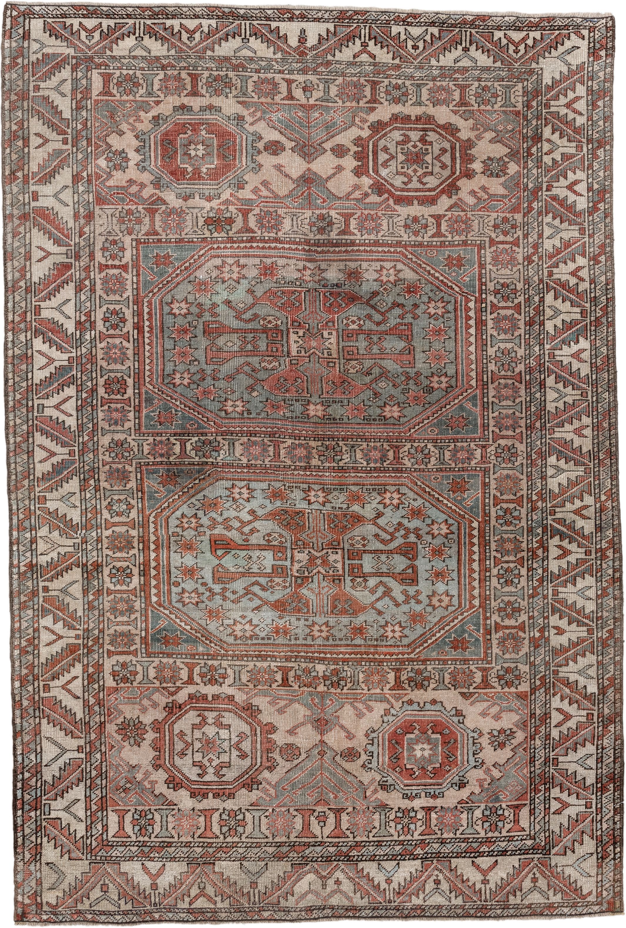 5' x 7' one-of-a-kind handmade antique Anatolian rug. Color palette: ivory, rust, blue_gray, charcoal, terracotta, taupe