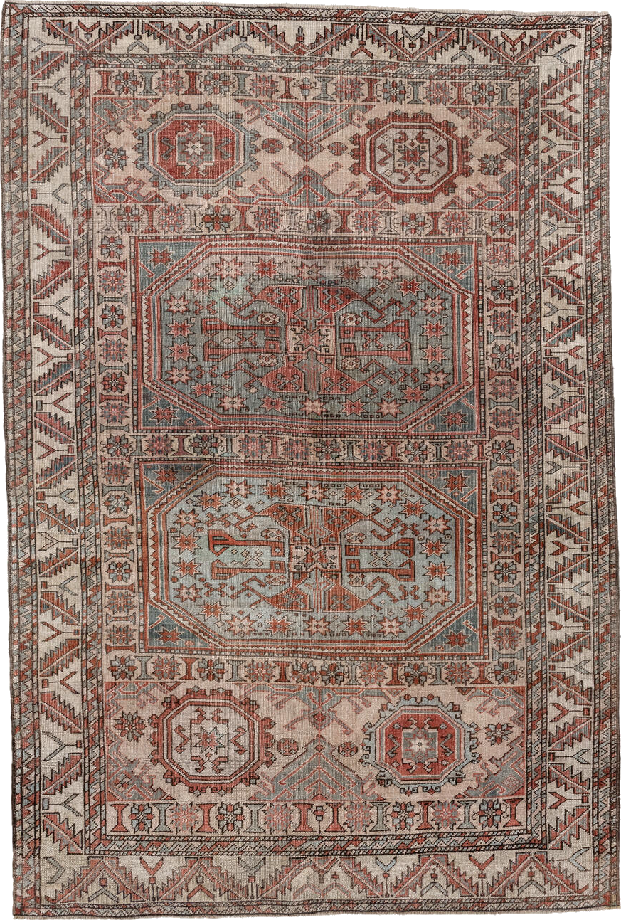 5' x 7' one-of-a-kind handmade vintage Anatolian rug. Color palette: black, brown, gray, light gray, off-white, pink, red