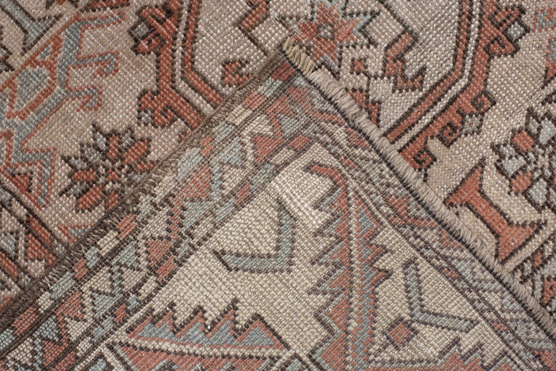 5' x 7' one-of-a-kind handmade antique Anatolian rug. Color palette: ivory, rust, blue_gray, charcoal, terracotta, taupe