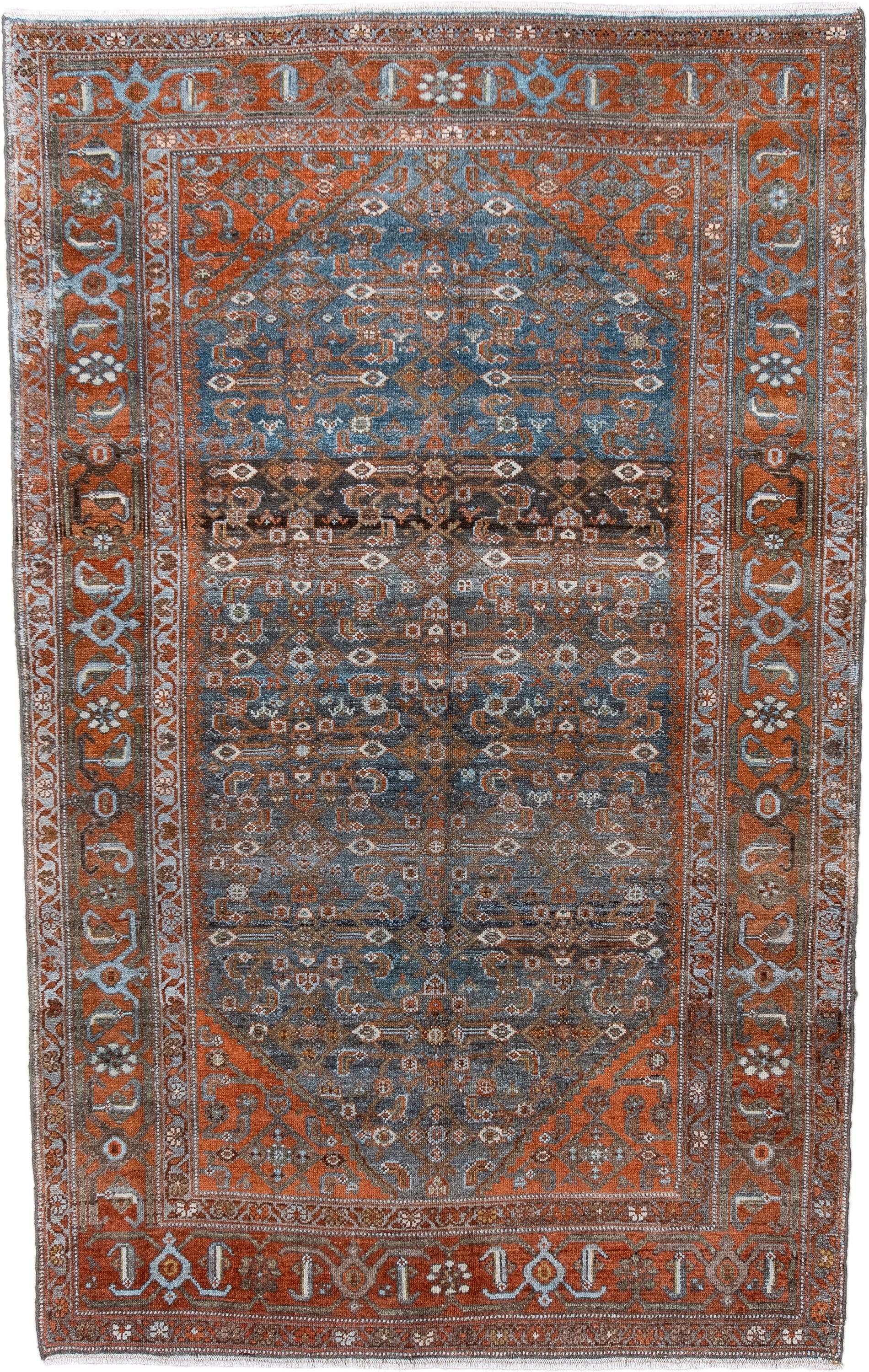 4' x 7' one-of-a-kind handmade antique Malayer rug. Color palette: rust, blue, ivory, slate, charcoal, taupe, camel