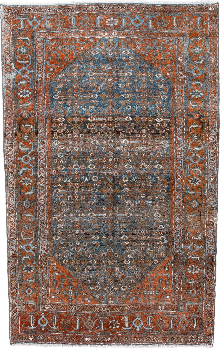 4' x 7' one-of-a-kind handmade antique Malayer rug. Color palette: rust, blue, ivory, slate, charcoal, taupe, camel
